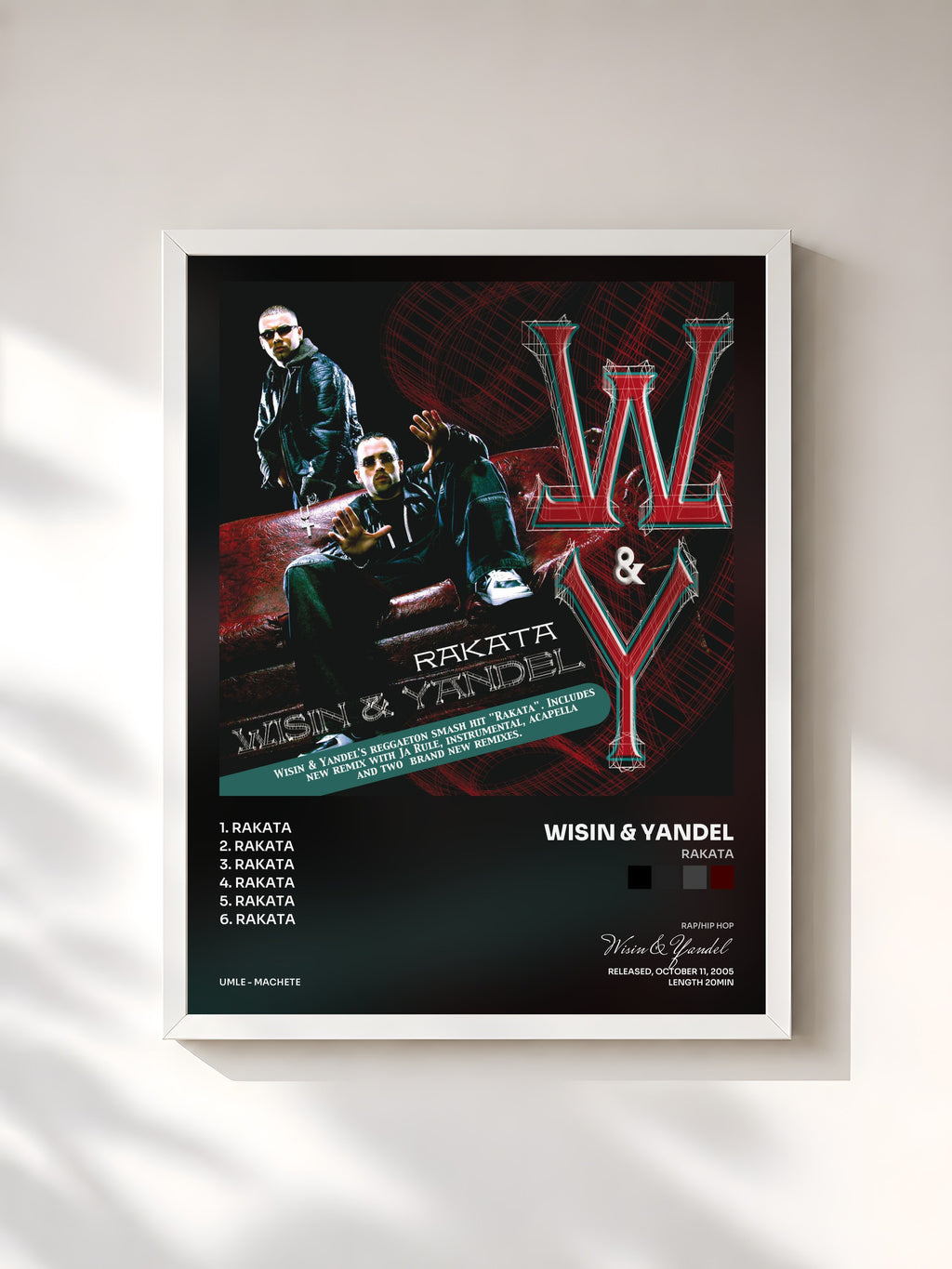 #blanc Tableau de l'album Rakata de Wisin & Yandel, cadre blanc, imprimé et encadré en France