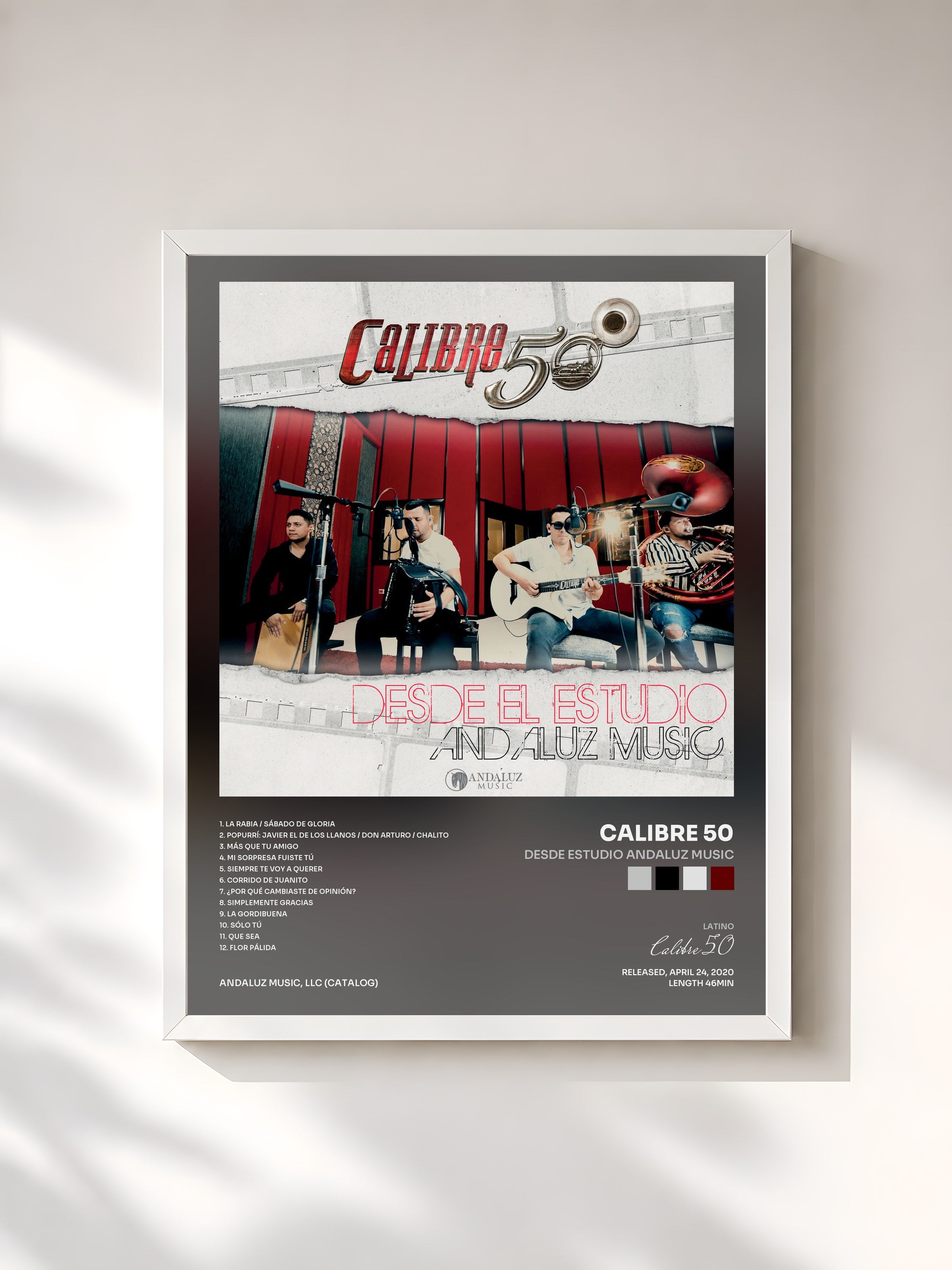 #blanc Tableau de l'album Desde Estudio Andaluz Music de Calibre 50, cadre blanc, imprimé et encadré en France