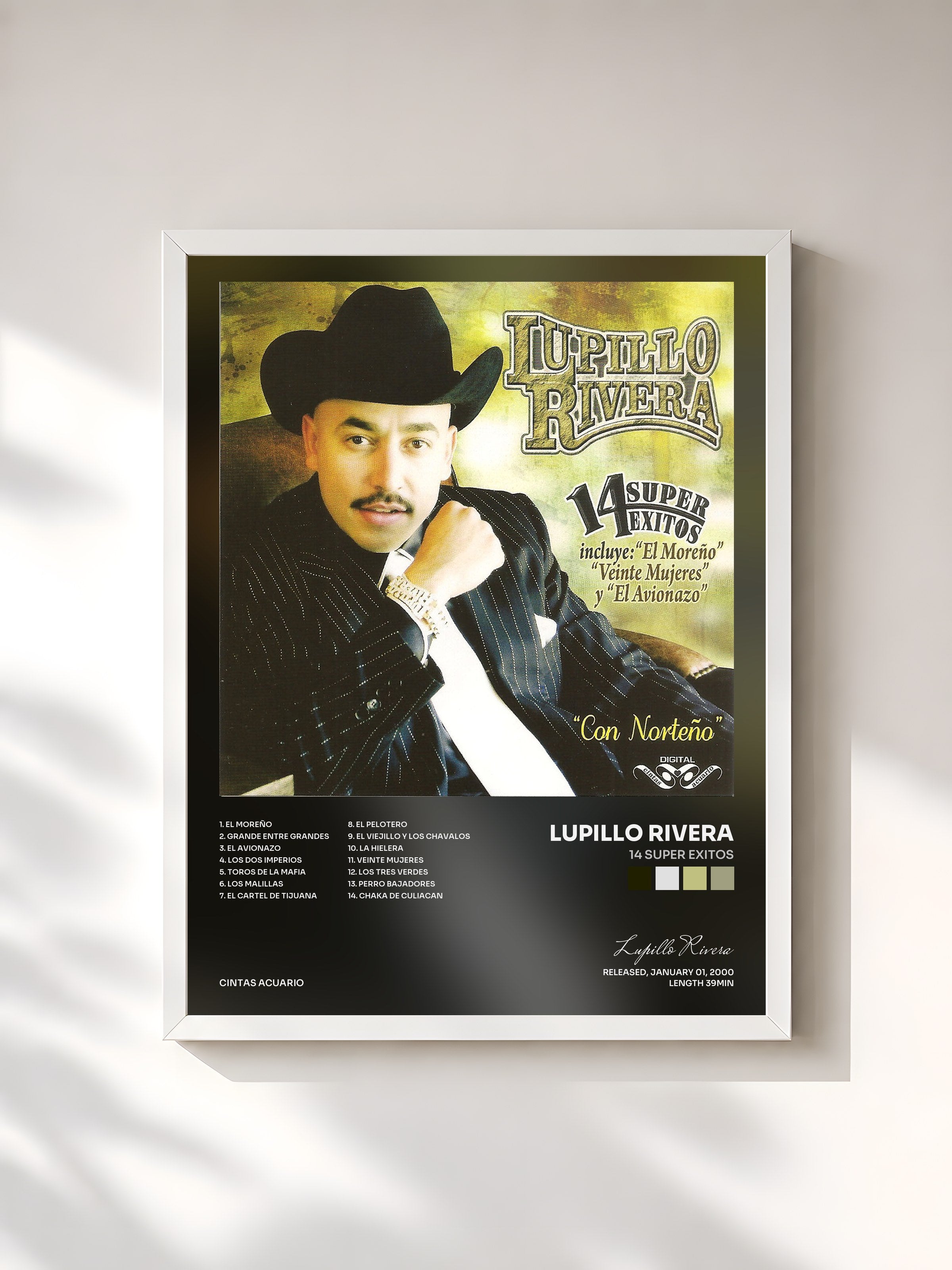 #blanc Tableau de l'album 14 Super Exitos de Lupillo Rivera, cadre blanc, imprimé et encadré en France