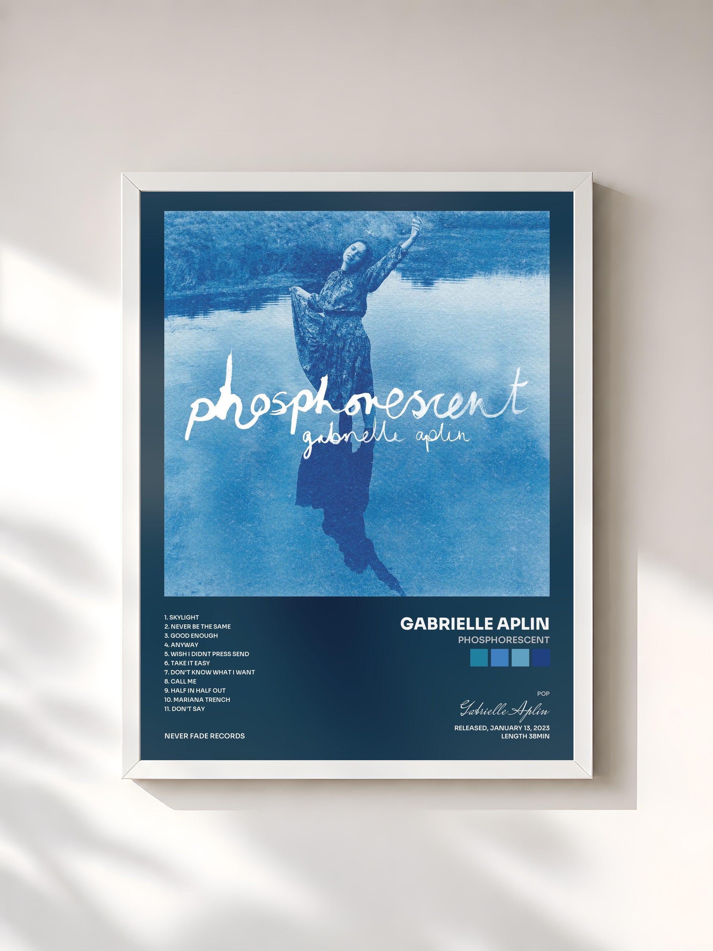 #blanc Tableau de l'album Phosphorescent de Gabrielle Aplin, cadre blanc, imprimé et encadré en France