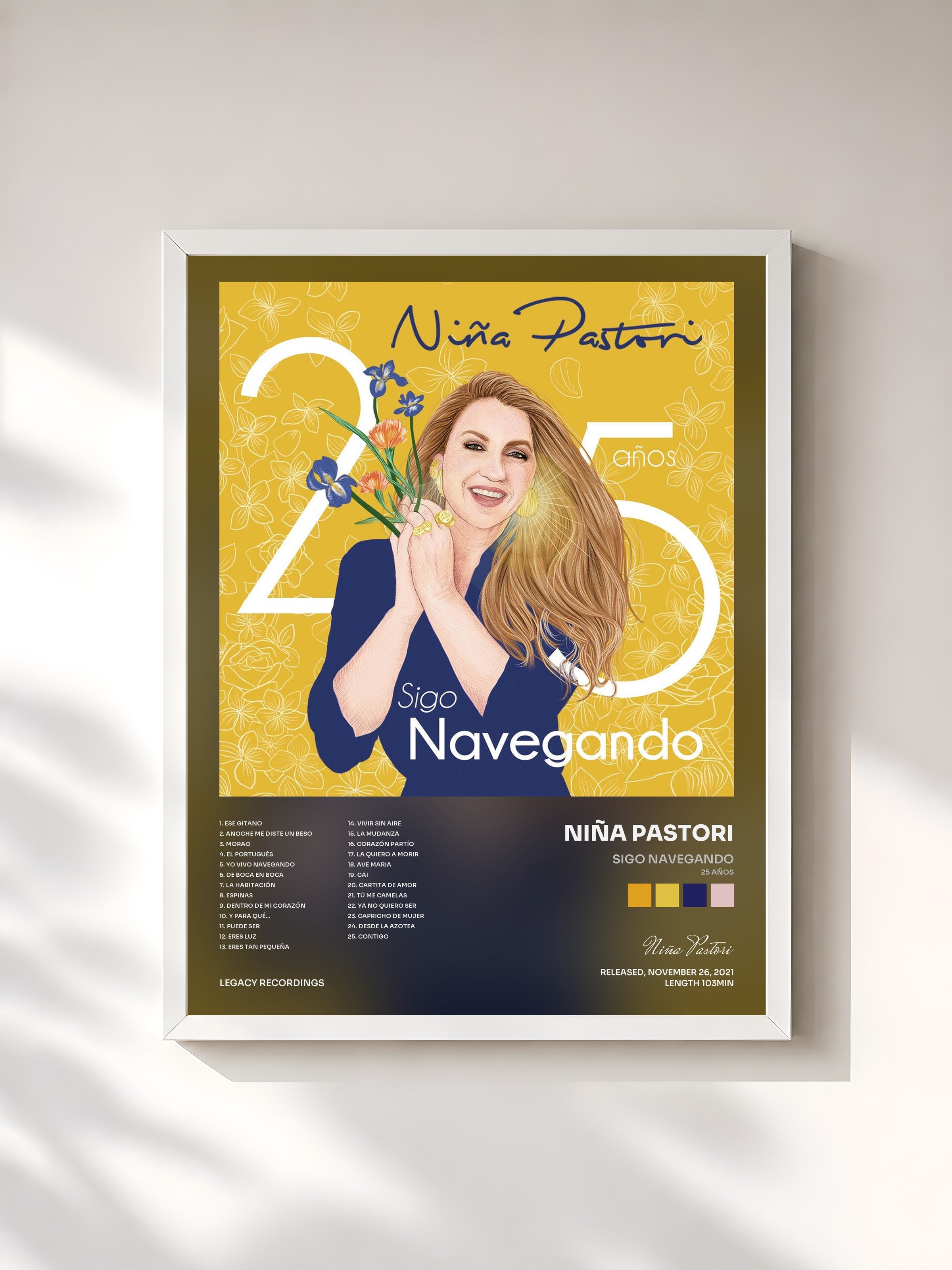 #blanc Tableau de l'album Sigo Navegando (25 Años) de Niña Pastori, cadre blanc, imprimé et encadré en France