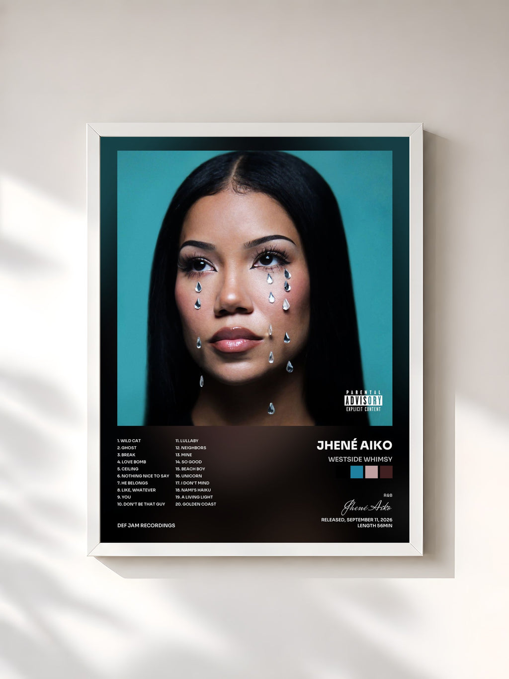 #blanc Tableau de l'album Westside Whimsy de Jhené Aiko, cadre blanc, imprimé et encadré en France