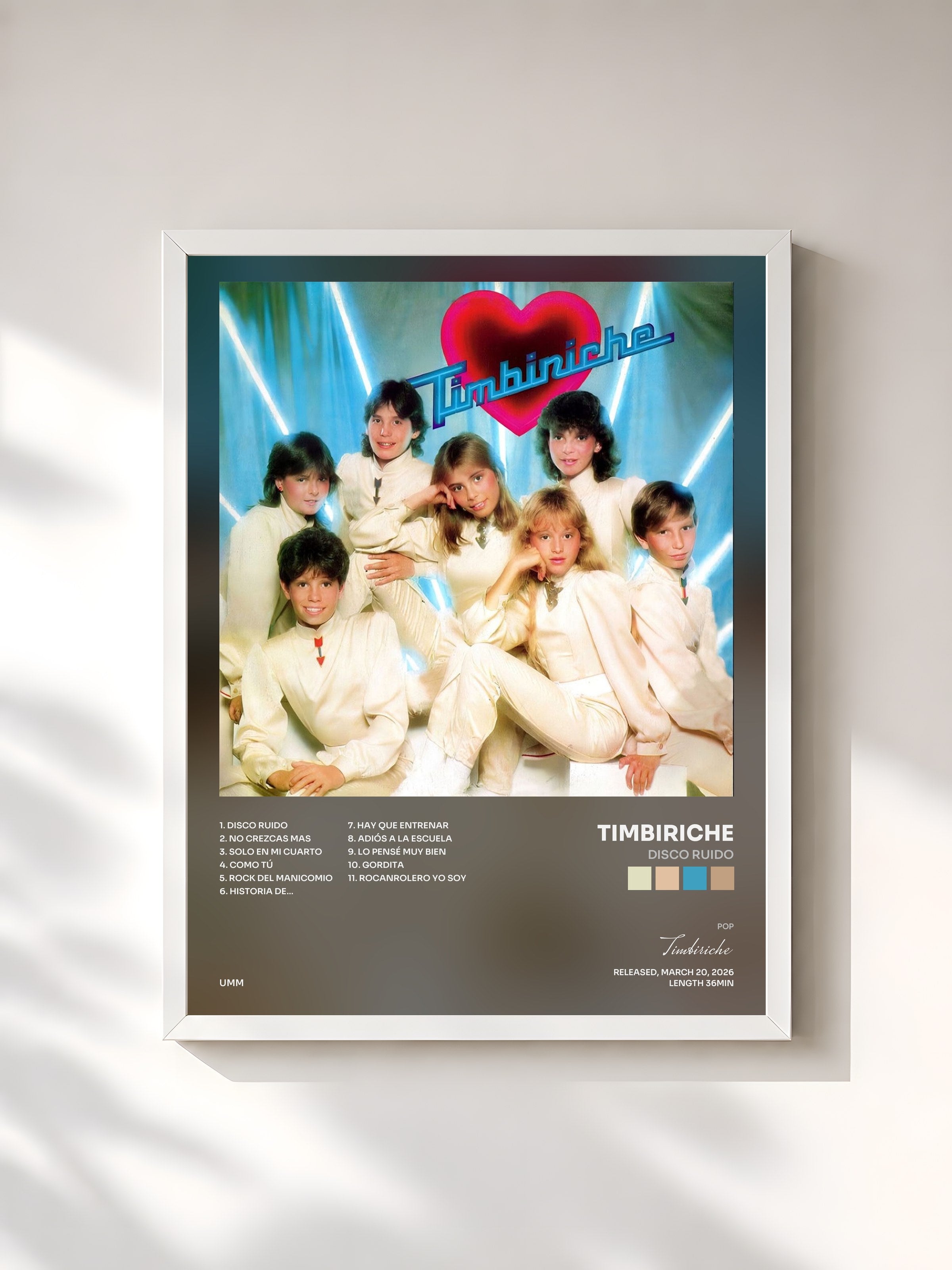 #blanc Tableau de l'album Disco Ruido de Timbiriche, cadre blanc, imprimé et encadré en France