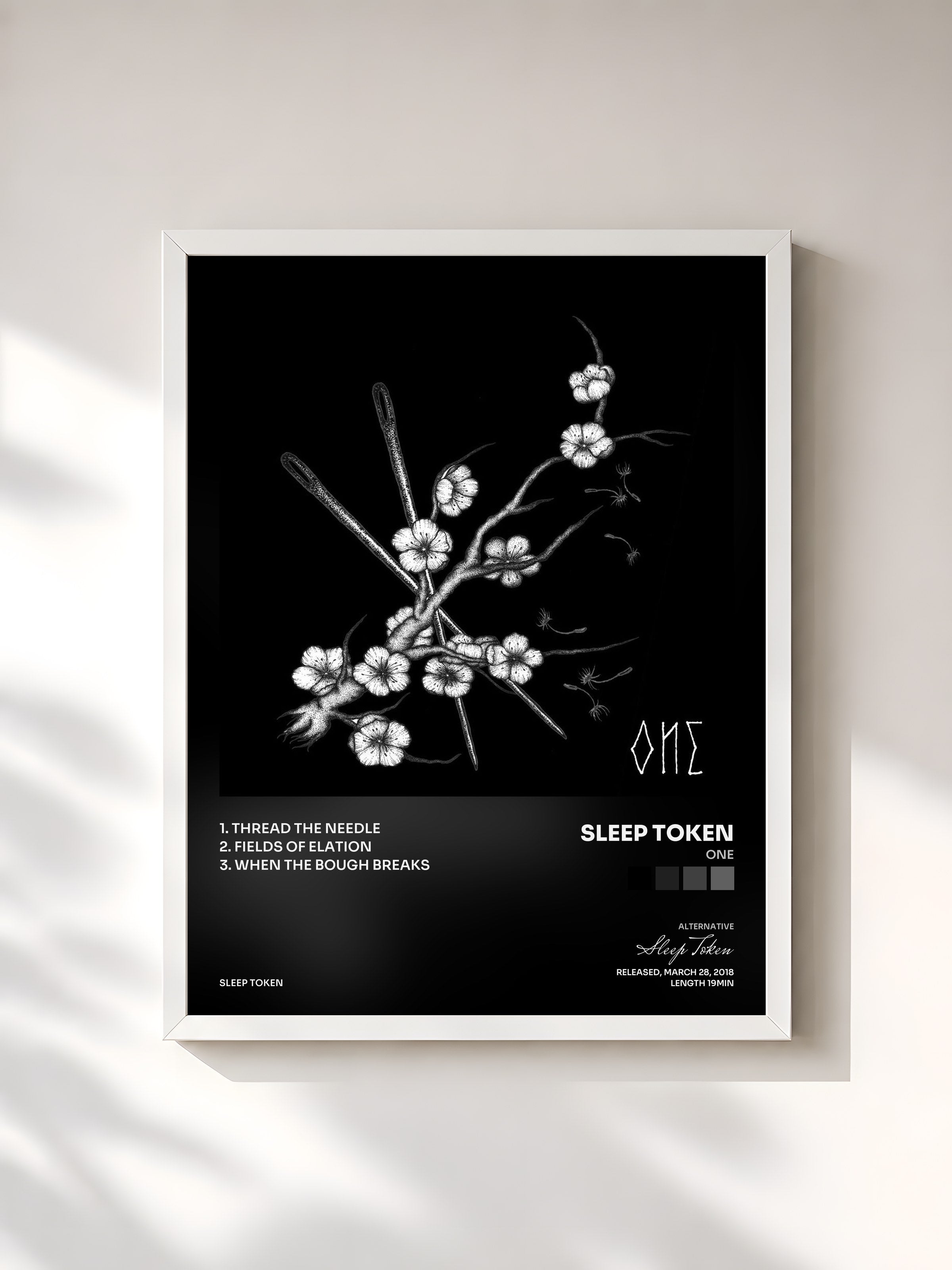 #blanc Tableau de l'album One de Sleep Token, cadre blanc, imprimé et encadré en France