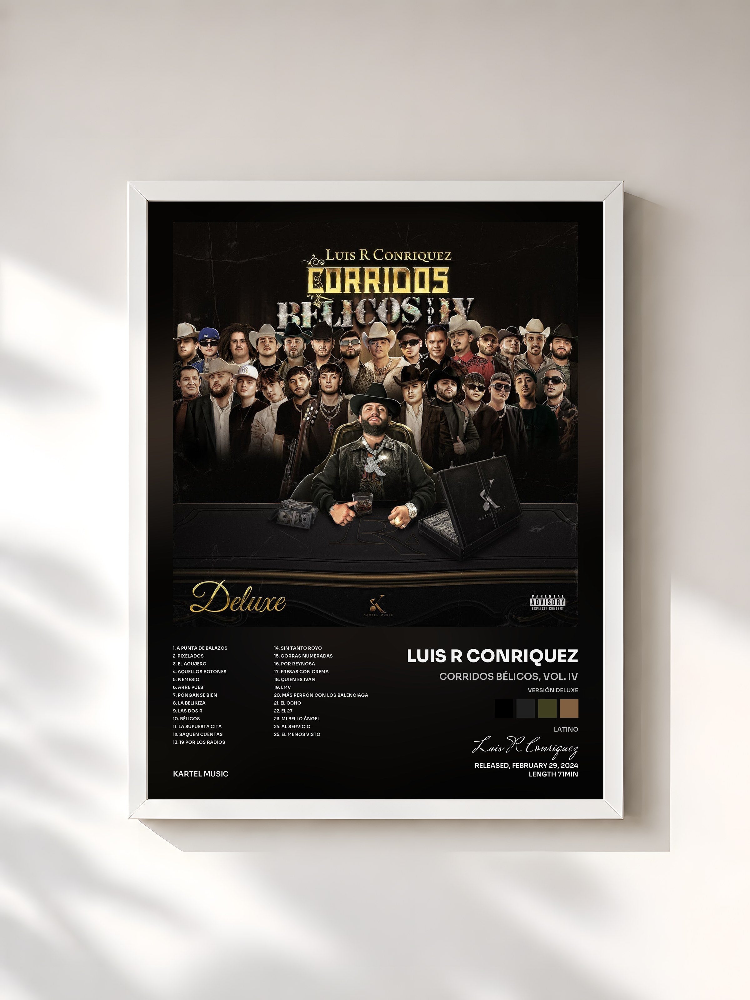 #blanc Tableau de l'album Corridos Bélicos, Vol. IV (Versión Deluxe) de Luis R Conriquez, cadre blanc, imprimé et encadré en France