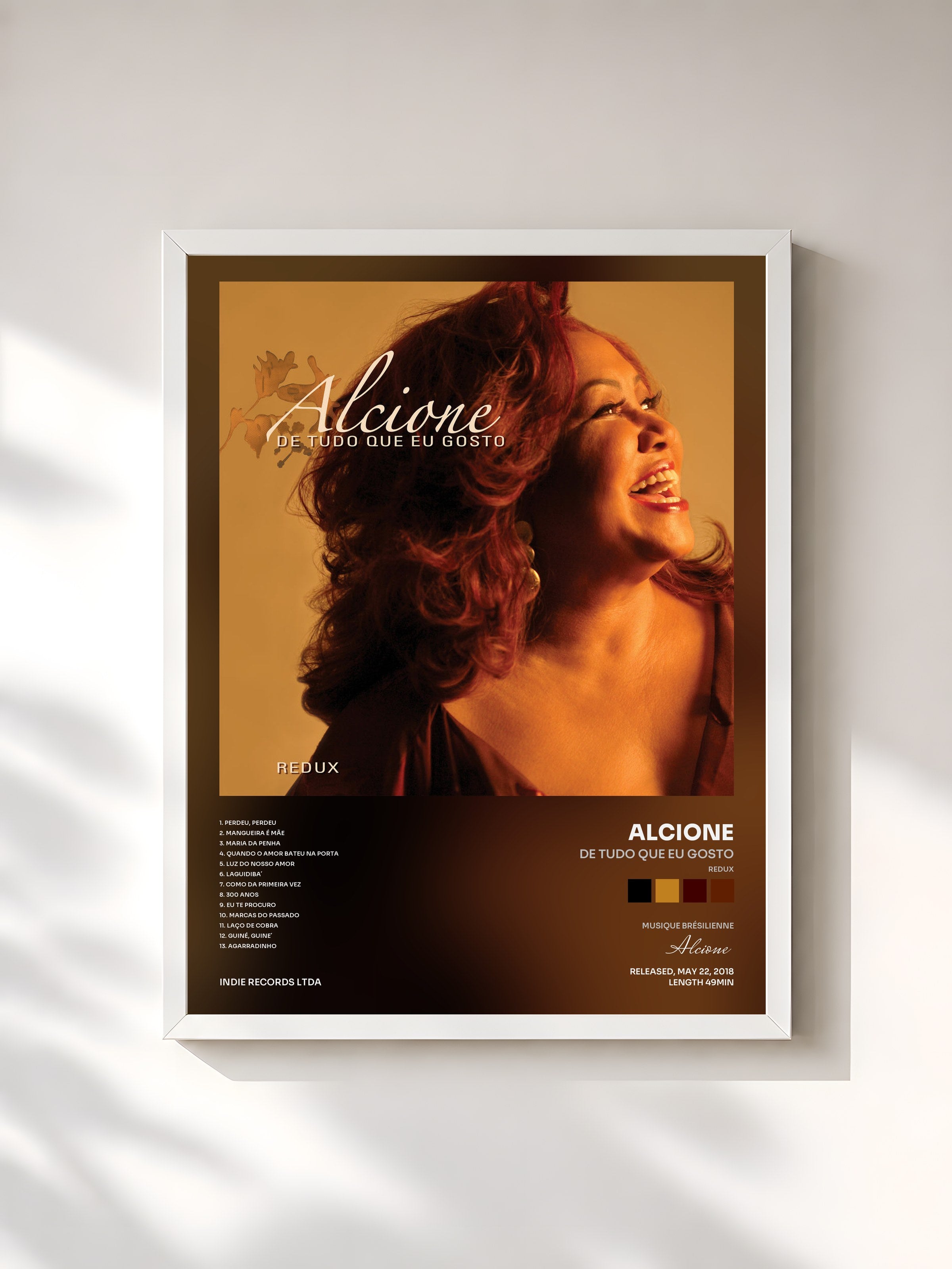 #blanc Tableau de l'album De tudo que eu gosto (Redux) de Alcione, cadre blanc, imprimé et encadré en France