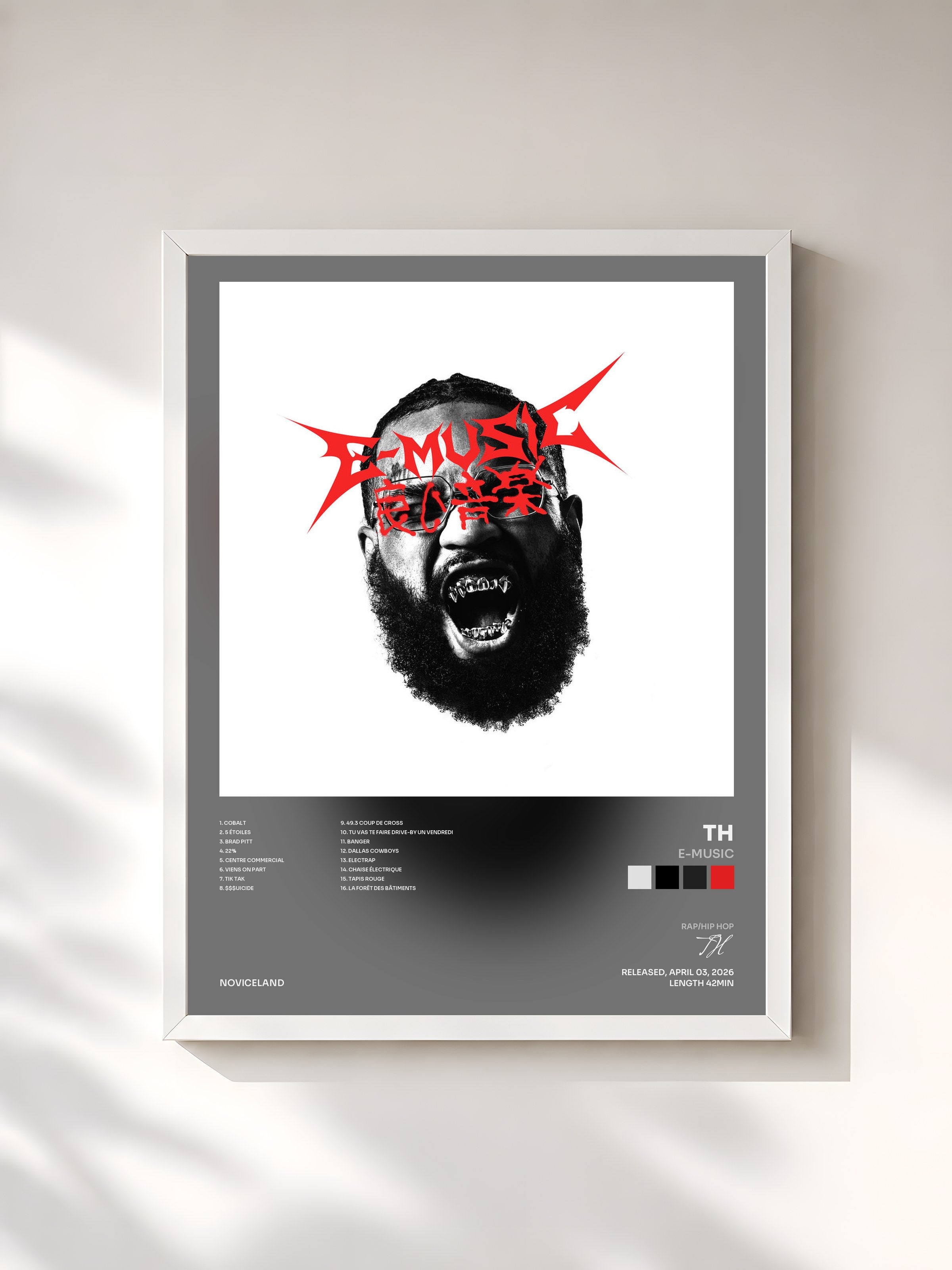 #blanc Tableau de l'album E-MUSIC de TH, cadre blanc, imprimé et encadré en France