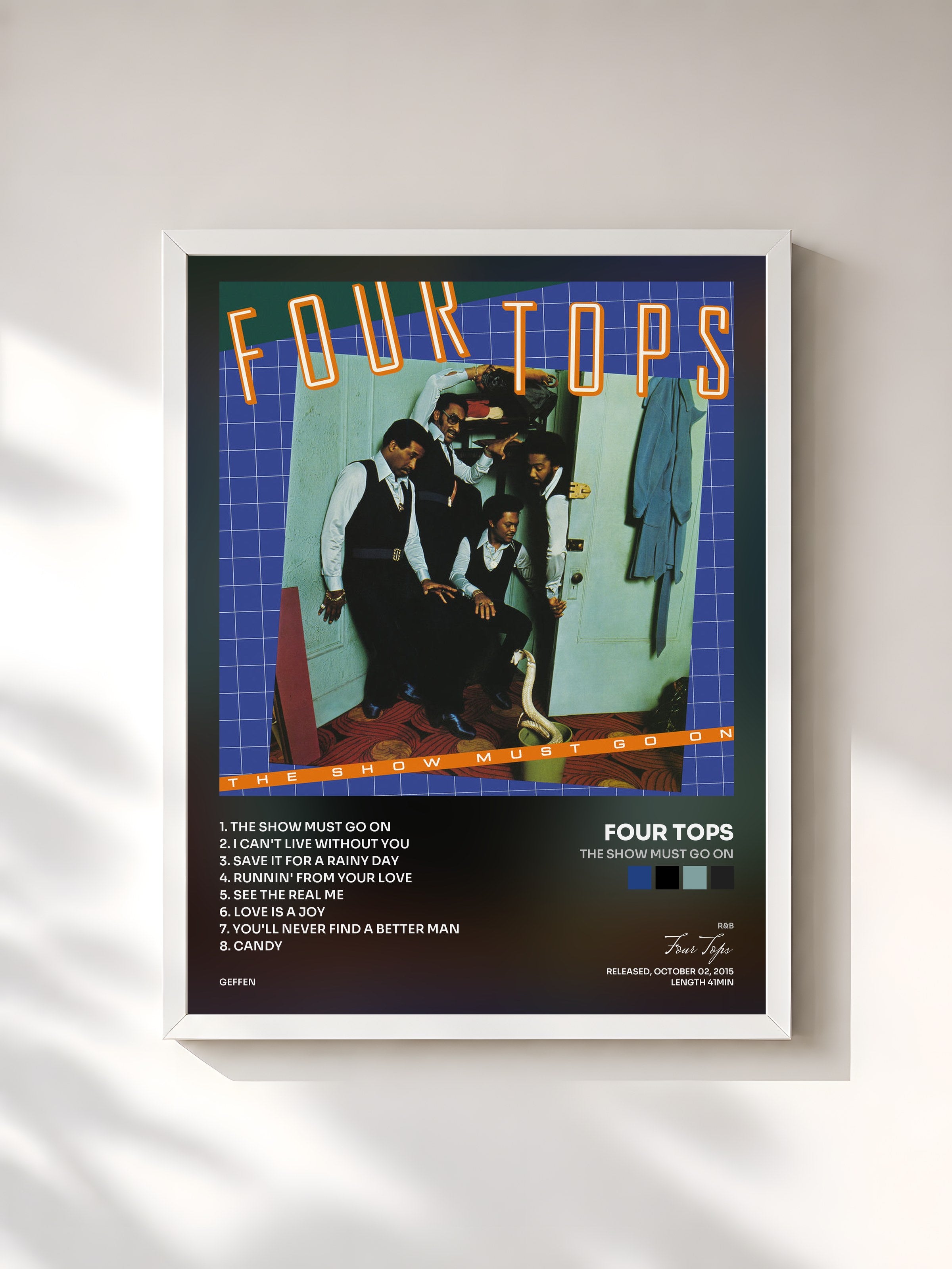 #blanc Tableau de l'album The Show Must Go On de Four Tops, cadre blanc, imprimé et encadré en France