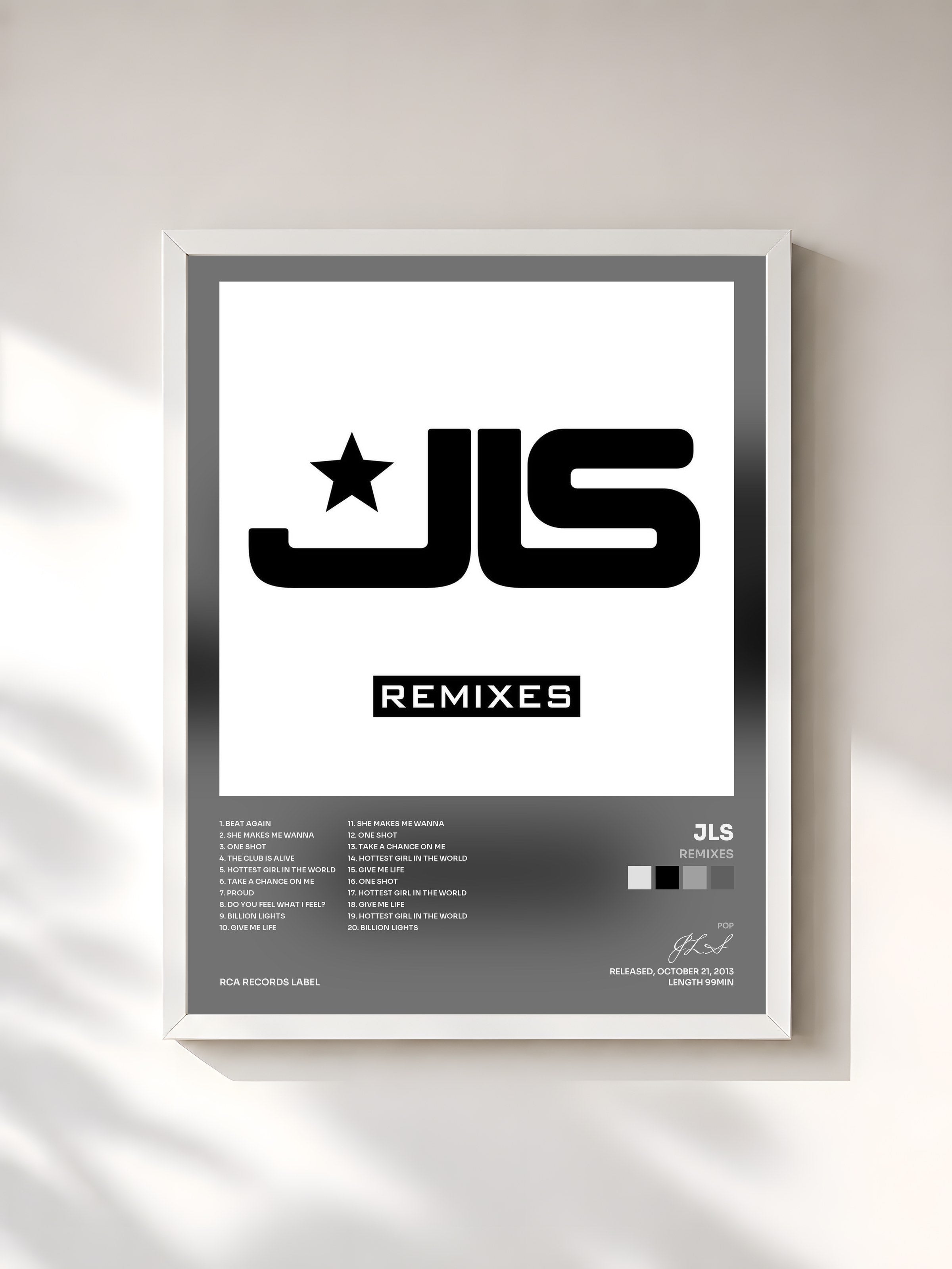 #blanc Tableau de l'album Remixes de JLS, cadre blanc, imprimé et encadré en France