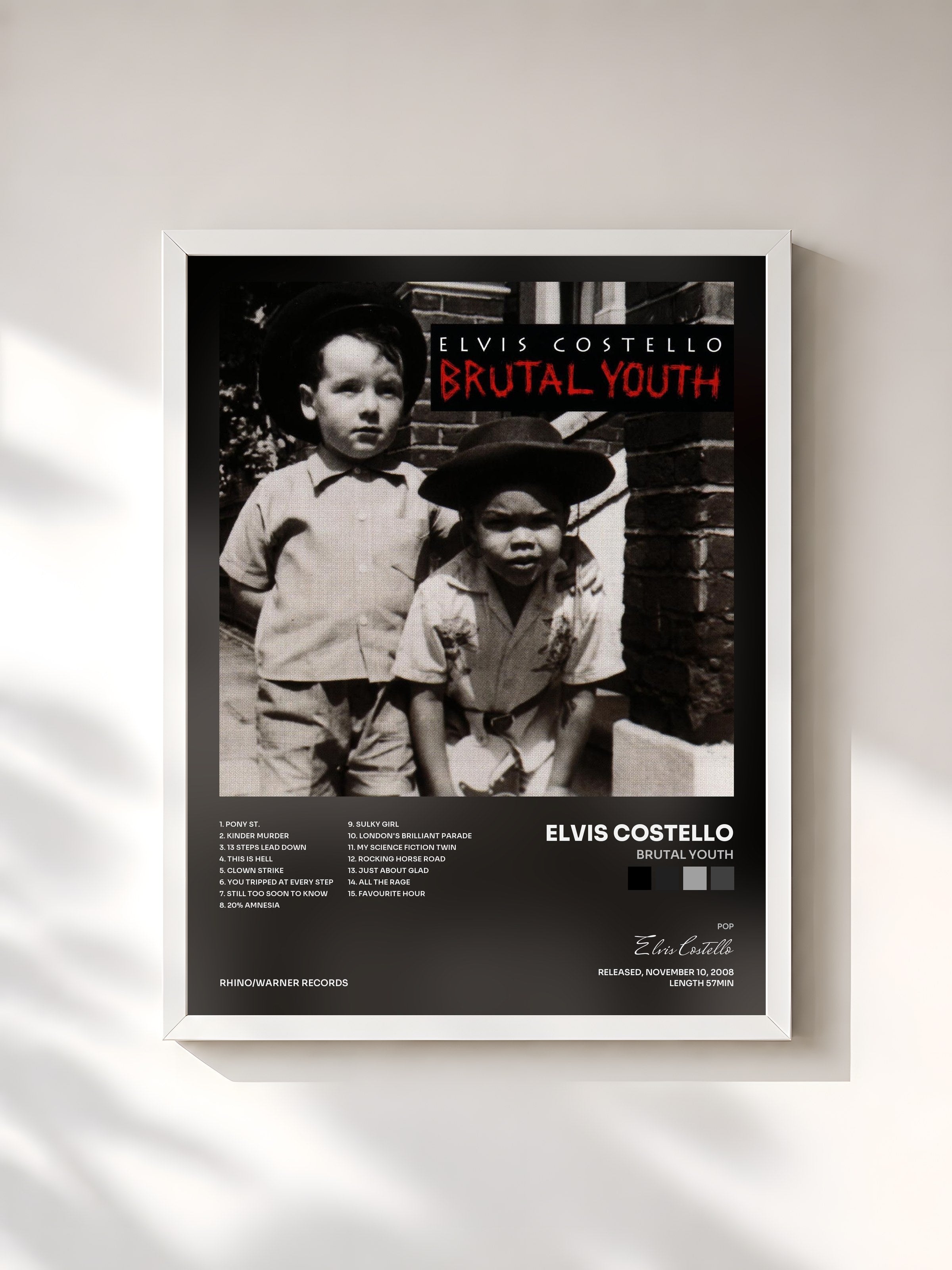 #blanc Tableau de l'album Brutal Youth de Elvis Costello, cadre blanc, imprimé et encadré en France