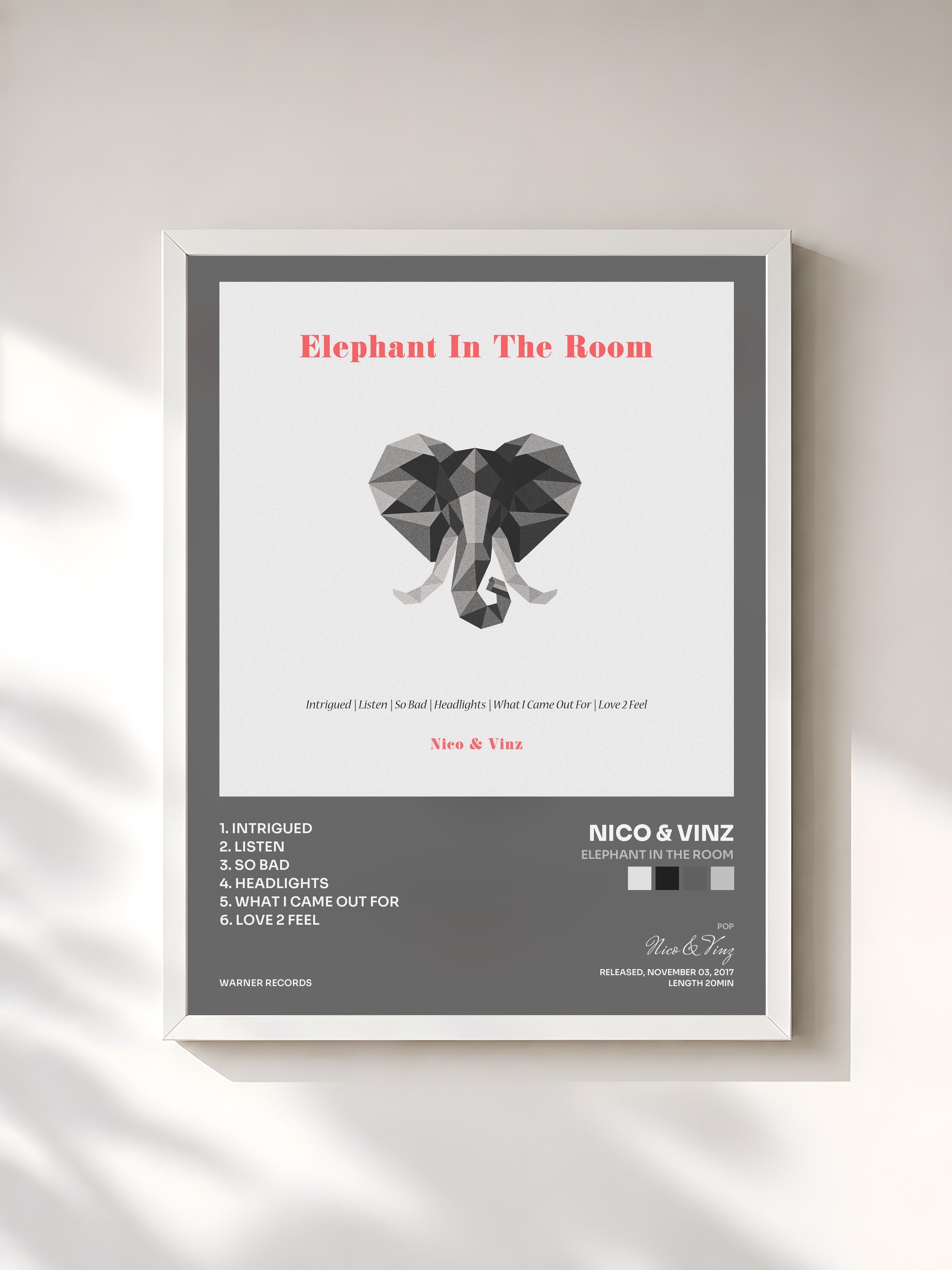 #blanc Tableau de l'album Elephant in the Room de Nico & Vinz, cadre blanc, imprimé et encadré en France