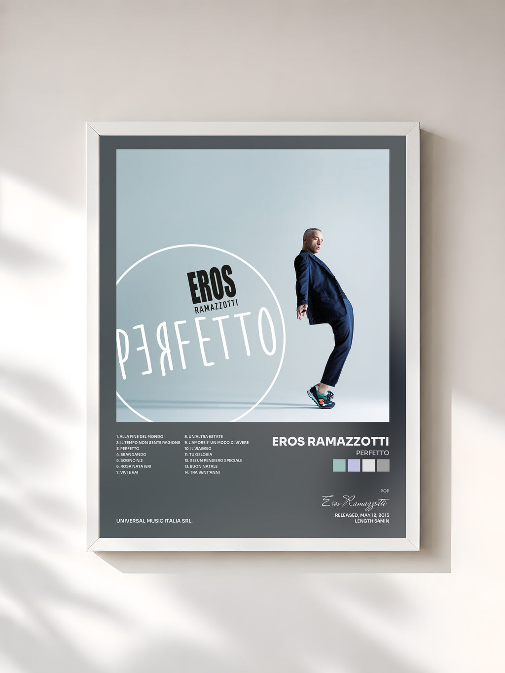 #blanc Tableau de l'album Perfetto de Eros Ramazzotti, cadre blanc, imprimé et encadré en France