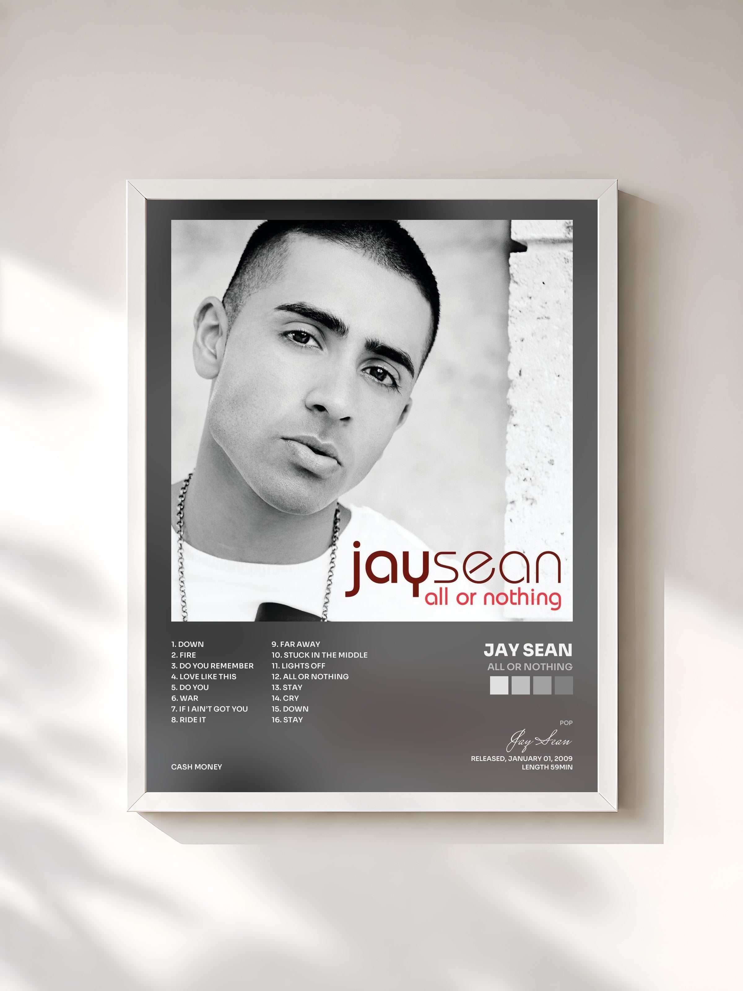 #blanc Tableau de l'album All Or Nothing de Jay Sean, cadre blanc, imprimé et encadré en France