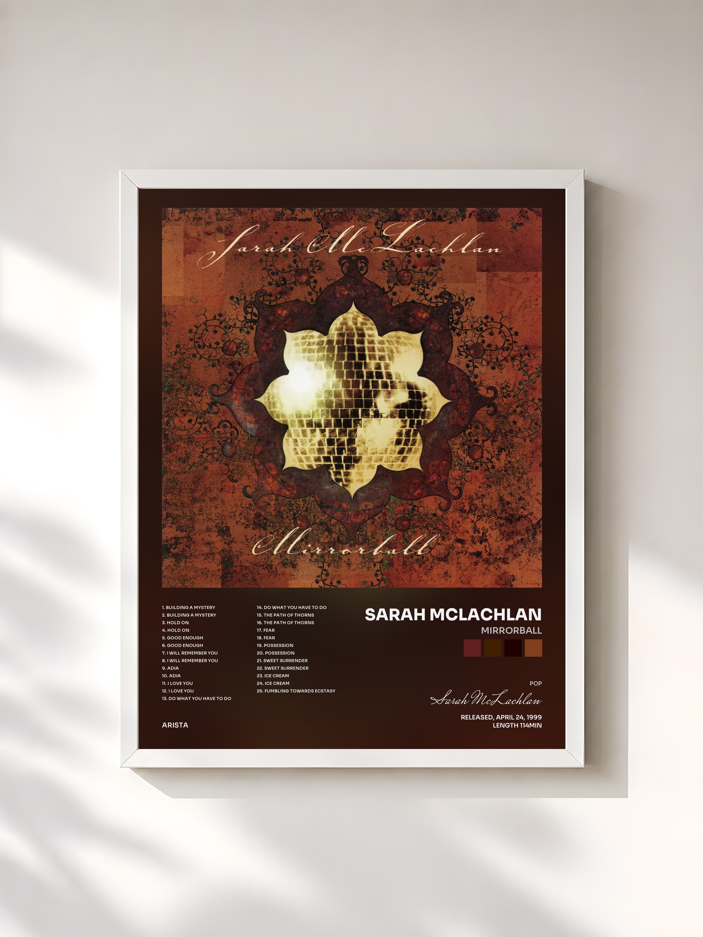 #blanc Tableau de l'album Mirrorball de Sarah McLachlan, cadre blanc, imprimé et encadré en France