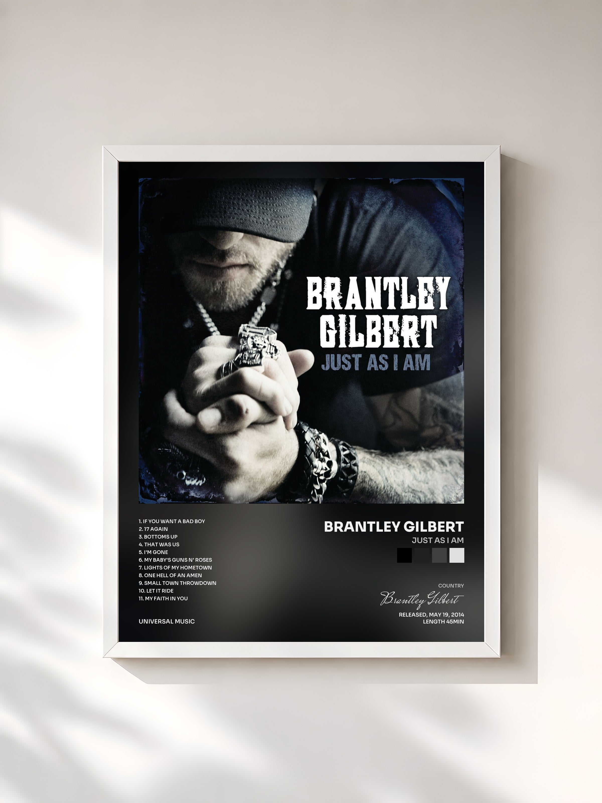 #blanc Tableau de l'album Just As I Am de Brantley Gilbert, cadre blanc, imprimé et encadré en France