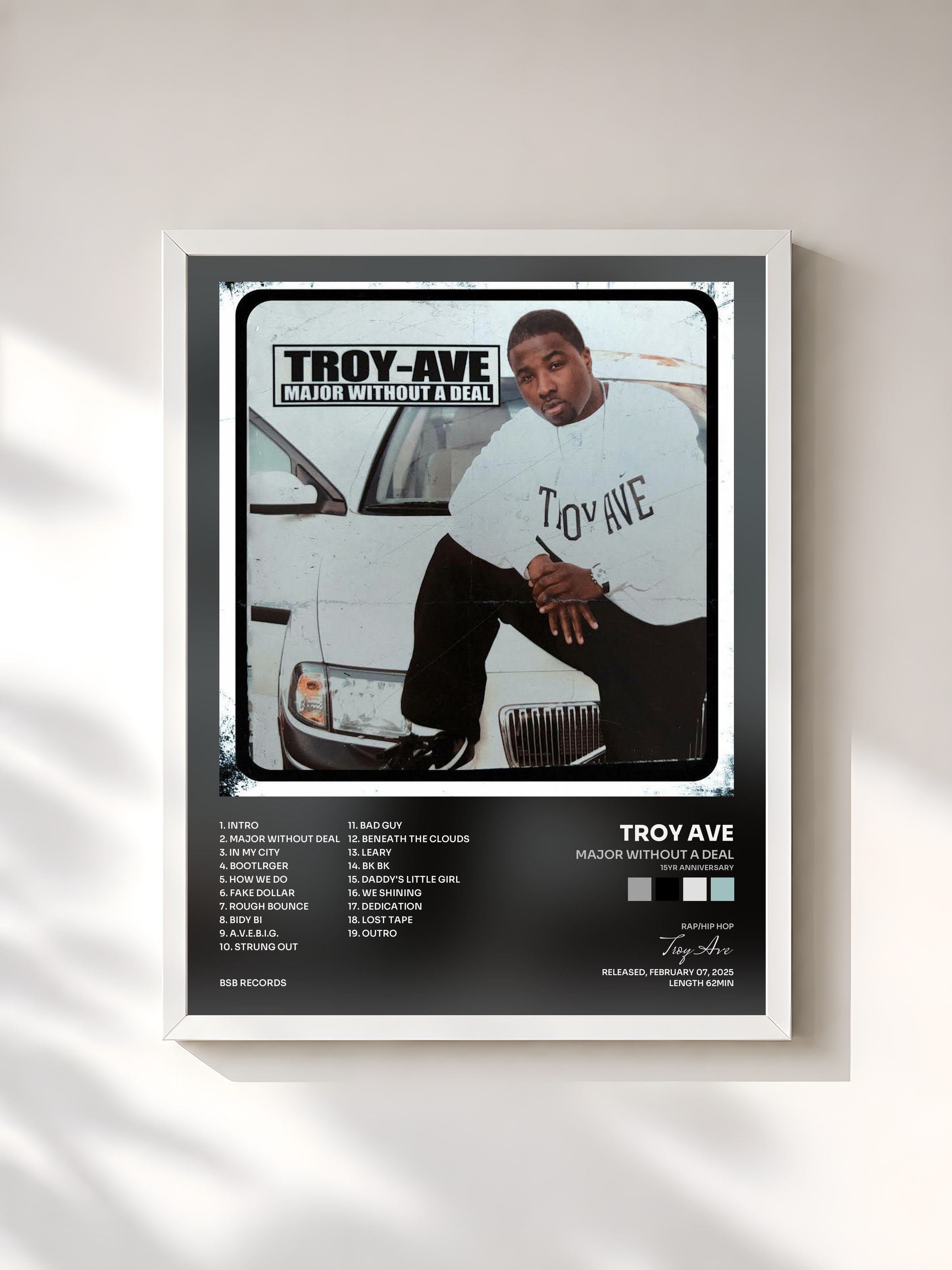 #blanc Tableau de l'album Major Without A Deal (15yr Anniversary) de Troy Ave, cadre blanc, imprimé et encadré en France
