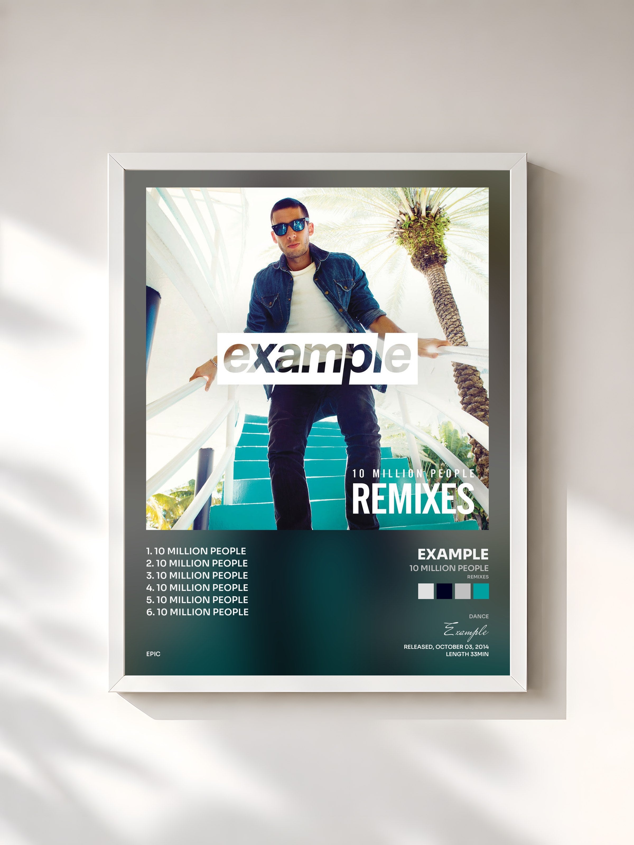 #blanc Tableau de l'album 10 Million People (Remixes) de Example, cadre blanc, imprimé et encadré en France