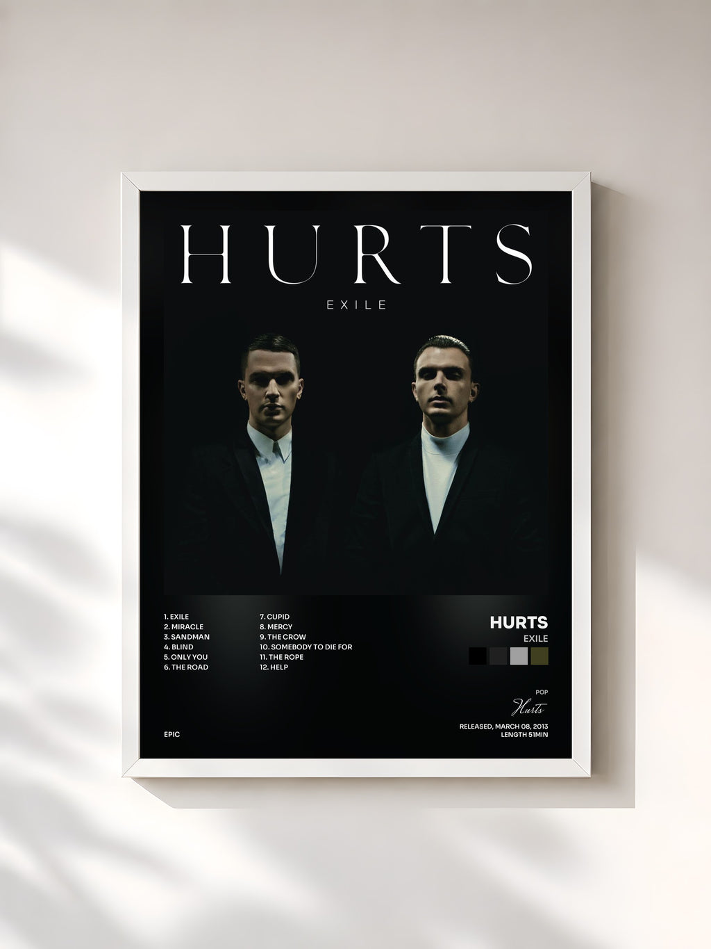 #blanc Tableau de l'album Exile de Hurts, cadre blanc, imprimé et encadré en France