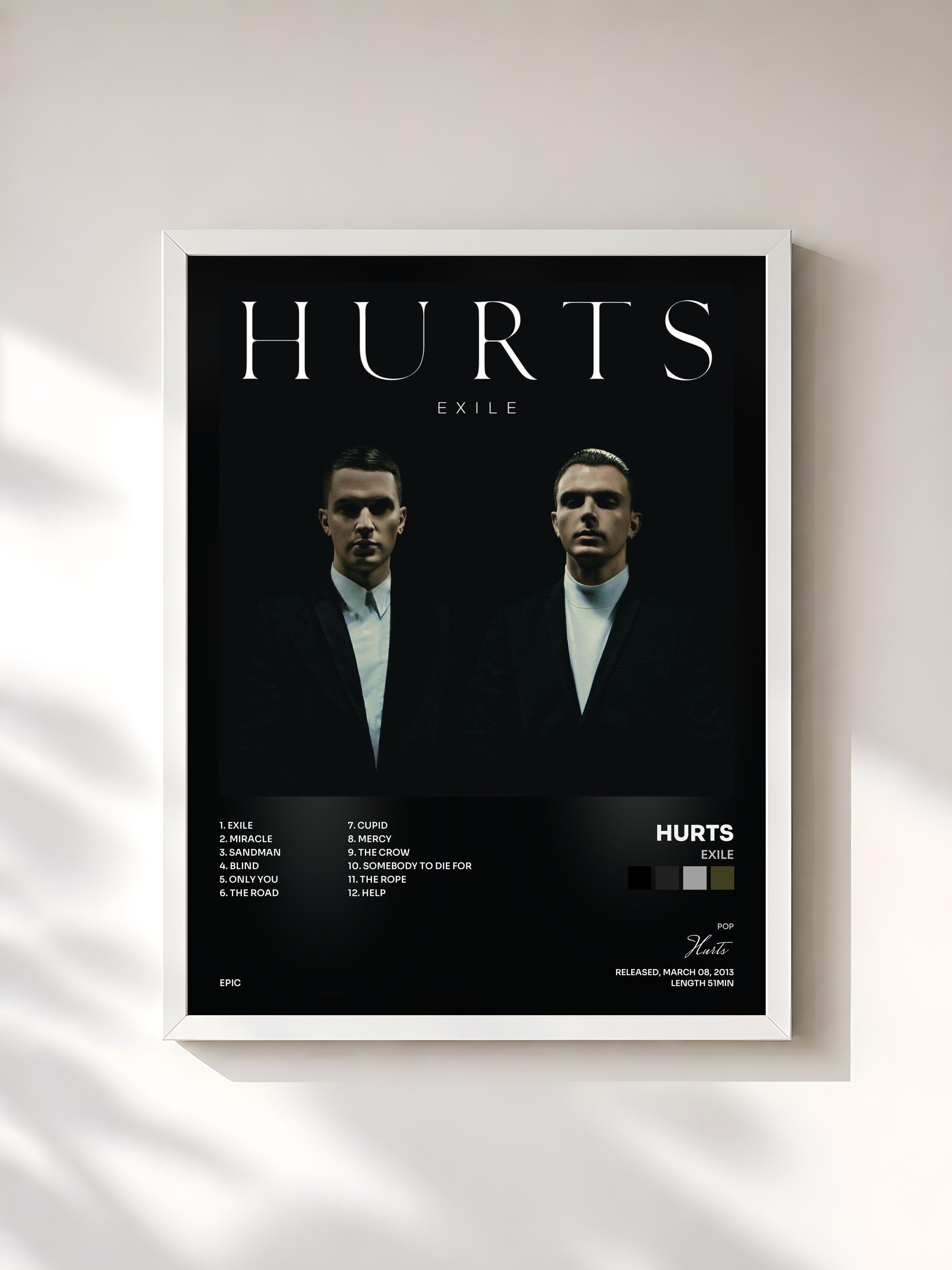 #blanc Tableau de l'album Exile de Hurts, cadre blanc, imprimé et encadré en France