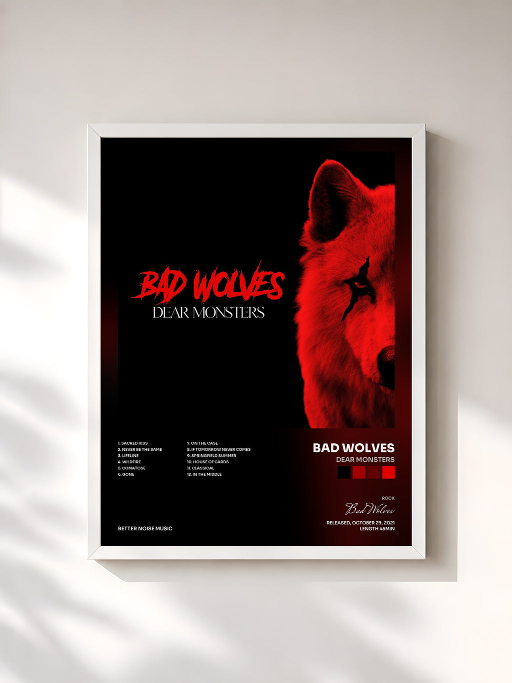 #blanc Tableau de l'album Dear Monsters de Bad Wolves, cadre blanc, imprimé et encadré en France