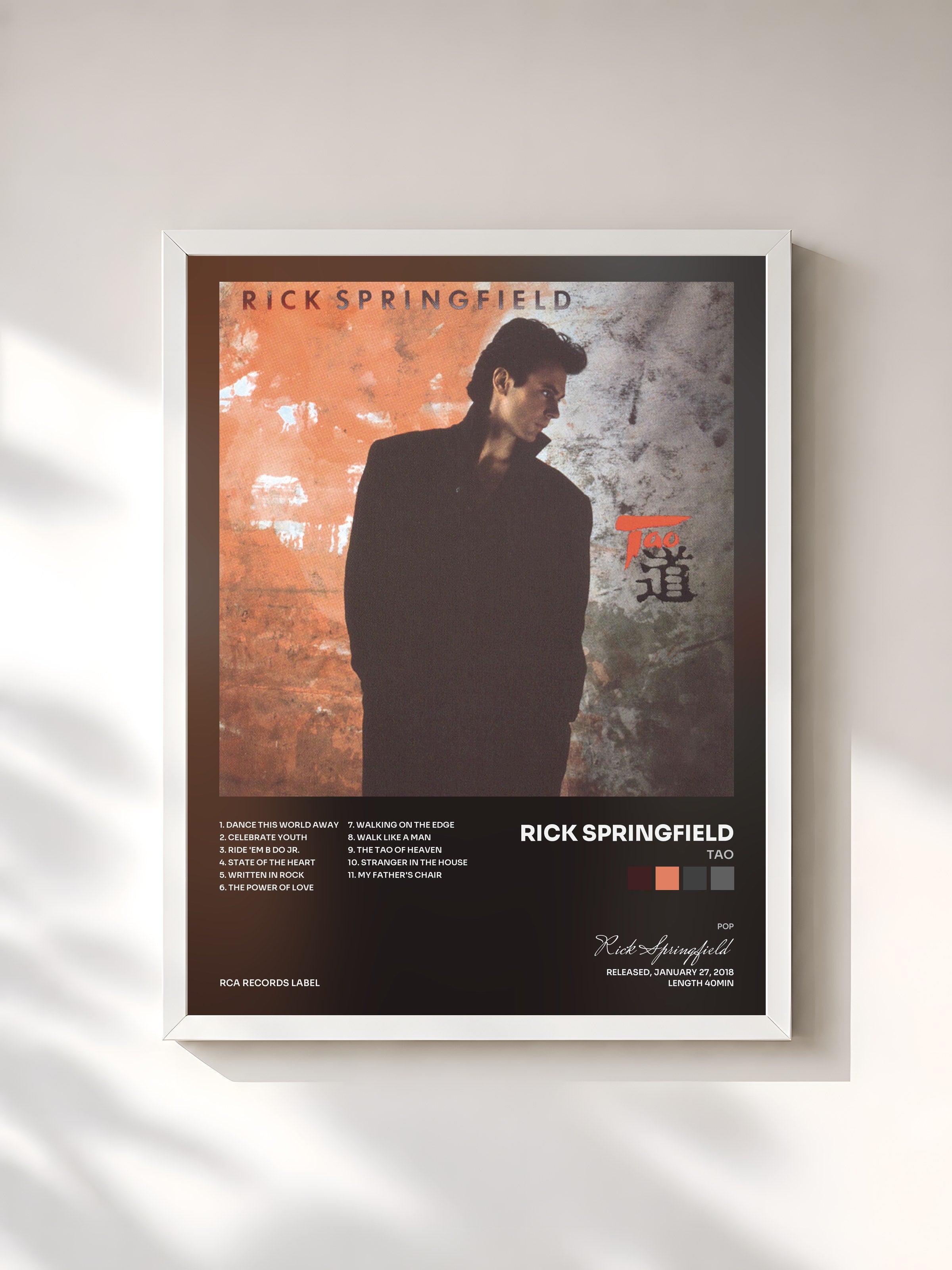 #blanc Tableau de l'album Tao de Rick Springfield, cadre blanc, imprimé et encadré en France