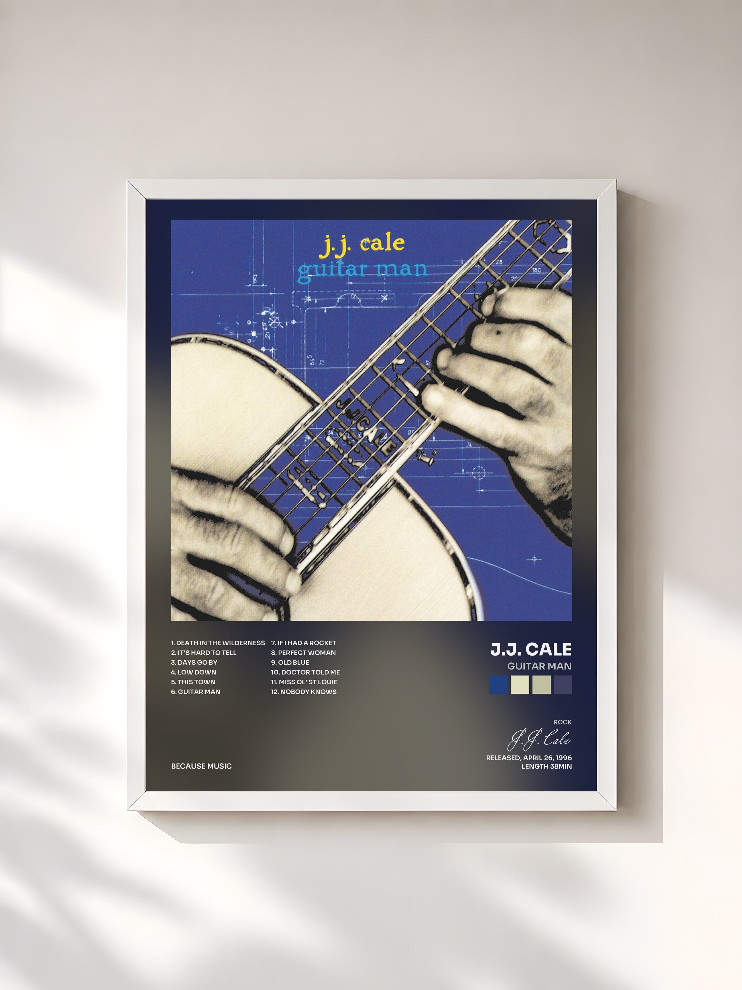 #blanc Tableau de l'album Guitar Man de J.J. Cale, cadre blanc, imprimé et encadré en France