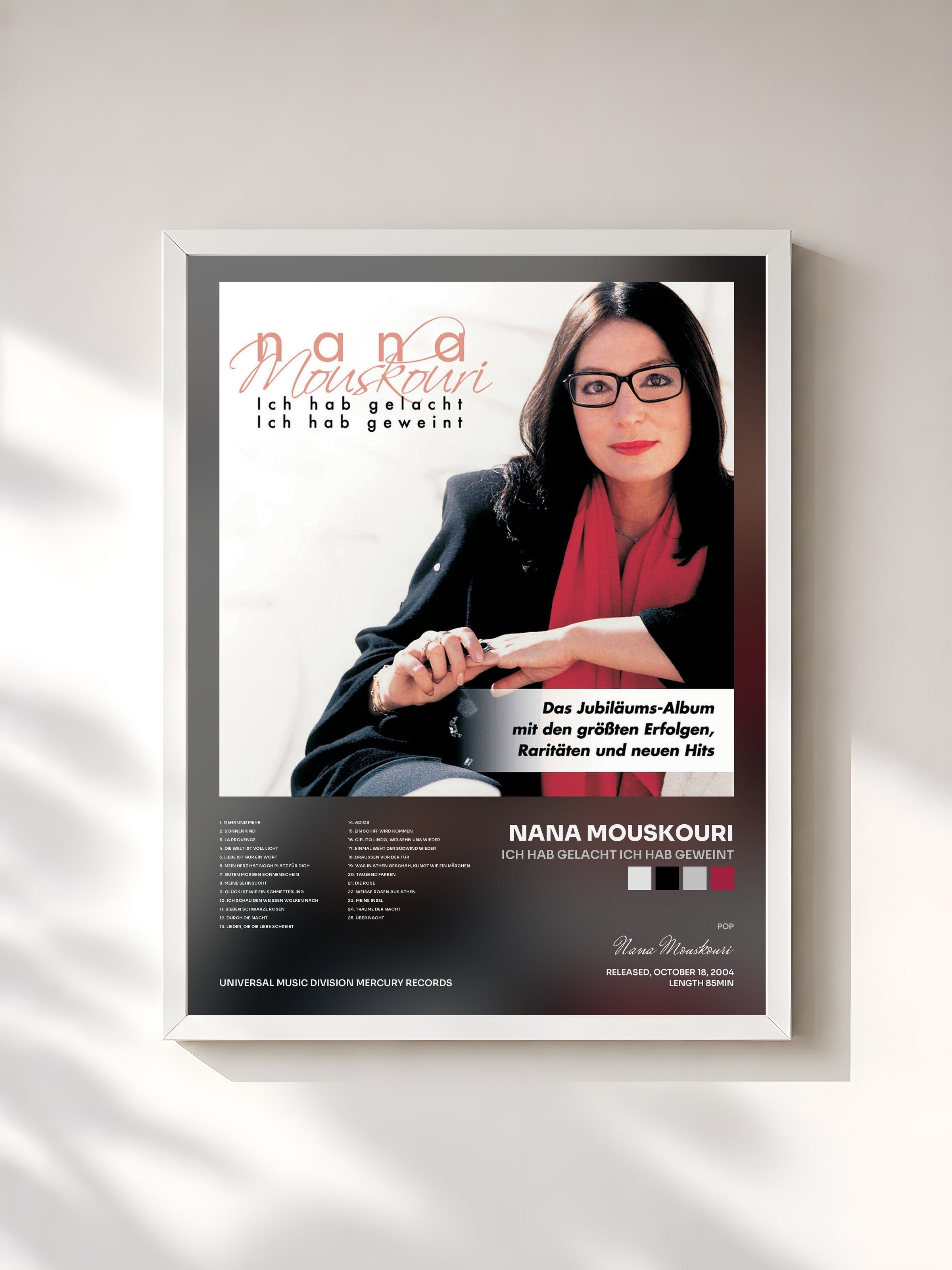 #blanc Tableau de l'album Ich Hab Gelacht Ich Hab Geweint de Nana Mouskouri, cadre blanc, imprimé et encadré en France