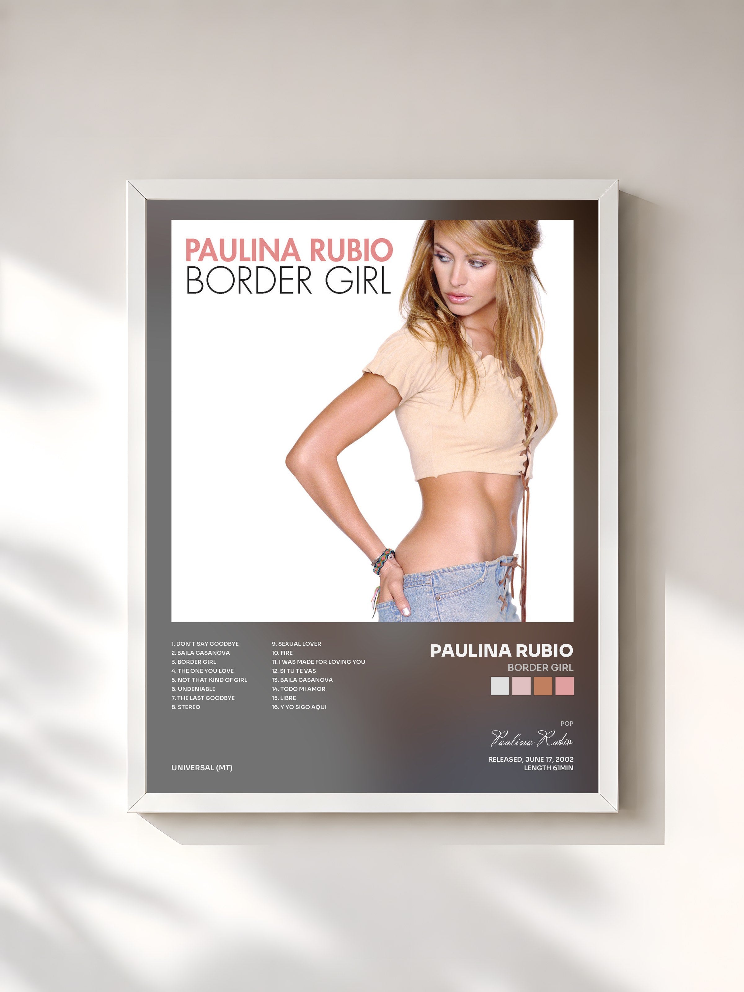 #blanc Tableau de l'album Border Girl de Paulina Rubio, cadre blanc, imprimé et encadré en France
