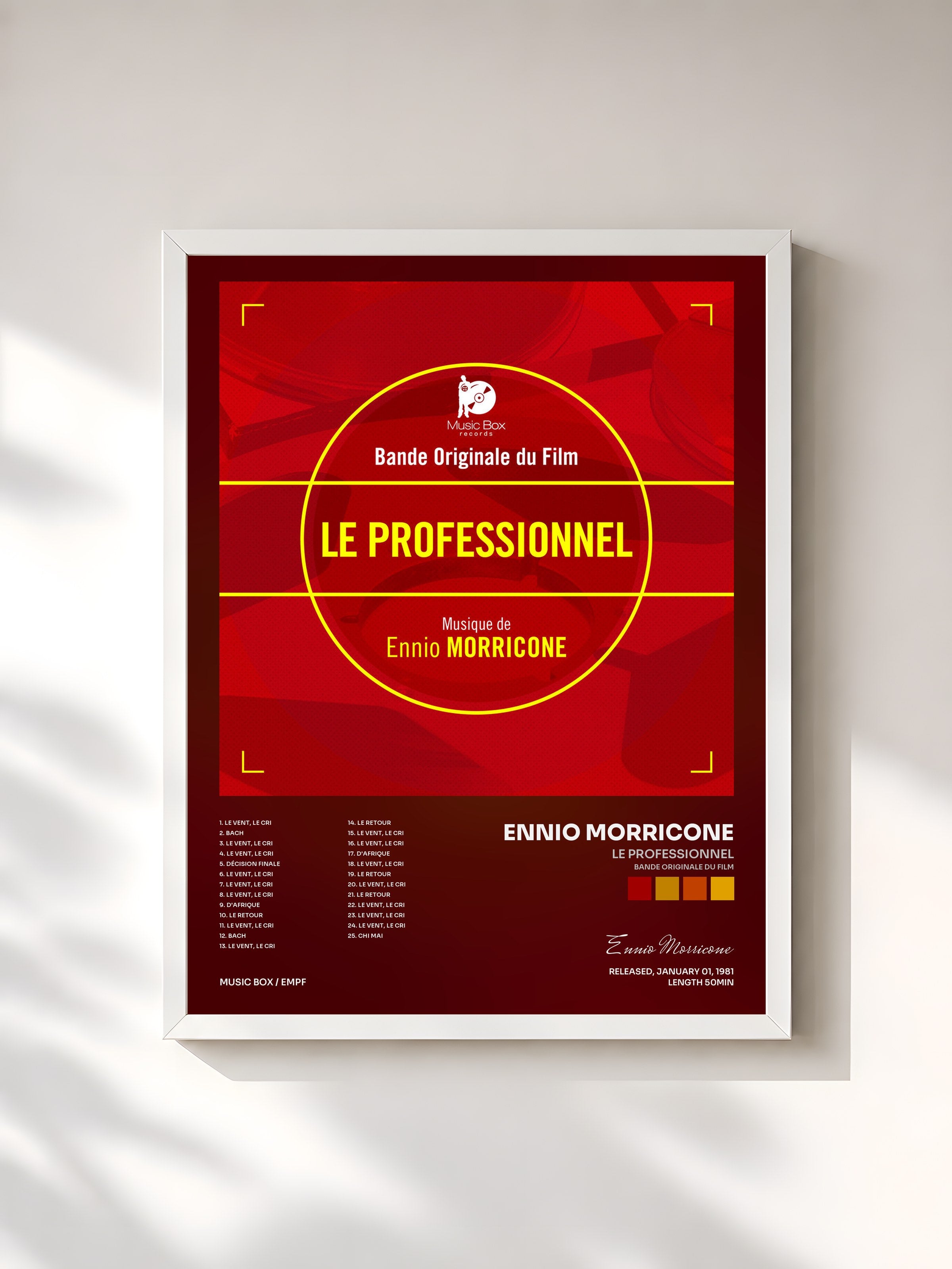 #blanc Tableau de l'album Le professionnel (Bande originale du film) de Ennio Morricone, cadre blanc, imprimé et encadré en France
