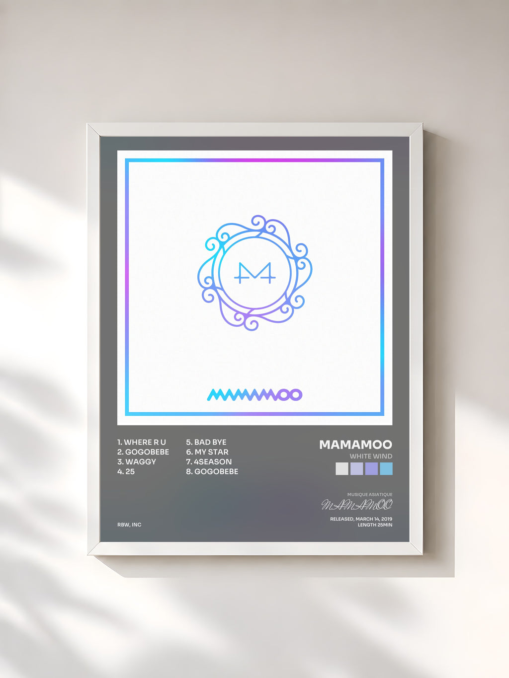 #blanc Tableau de l'album White Wind de MAMAMOO, cadre blanc, imprimé et encadré en France