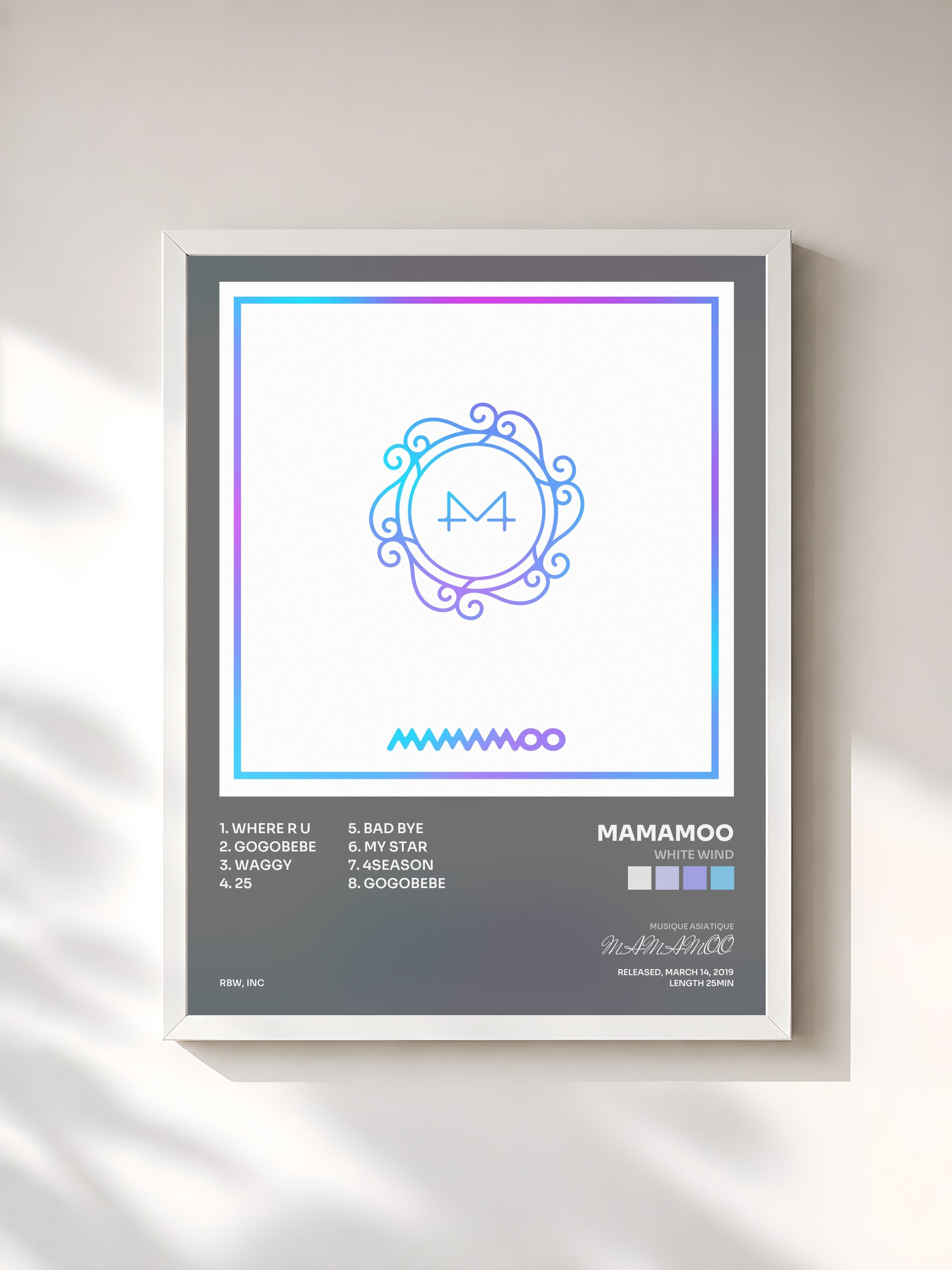 #blanc Tableau de l'album White Wind de MAMAMOO, cadre blanc, imprimé et encadré en France