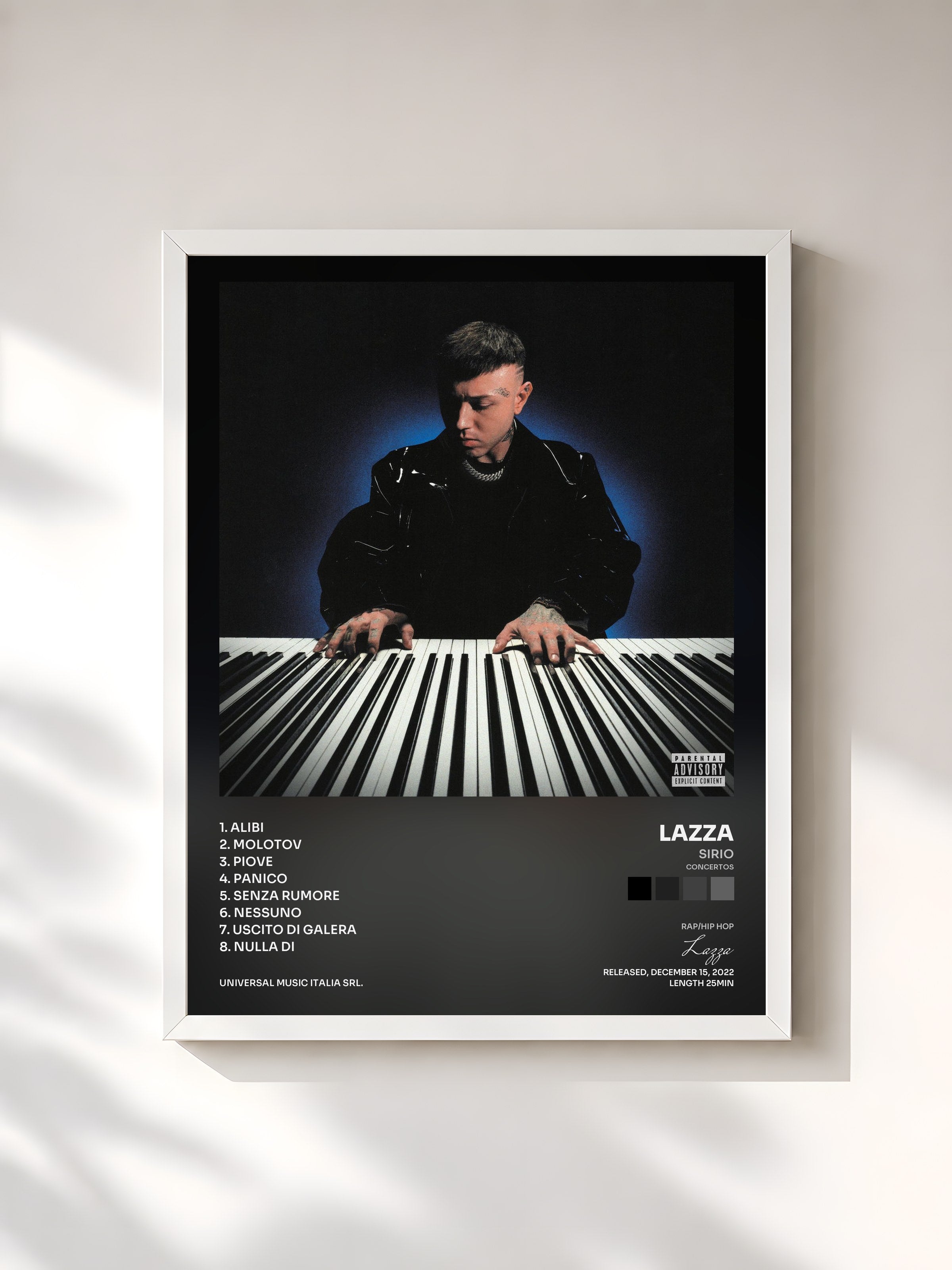 #blanc Tableau de l'album SIRIO (Concertos) de Lazza, cadre blanc, imprimé et encadré en France