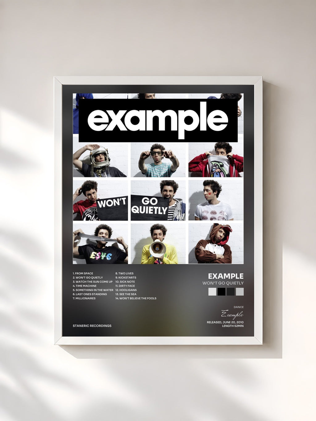 #blanc Tableau de l'album Won't Go Quietly de Example, cadre blanc, imprimé et encadré en France