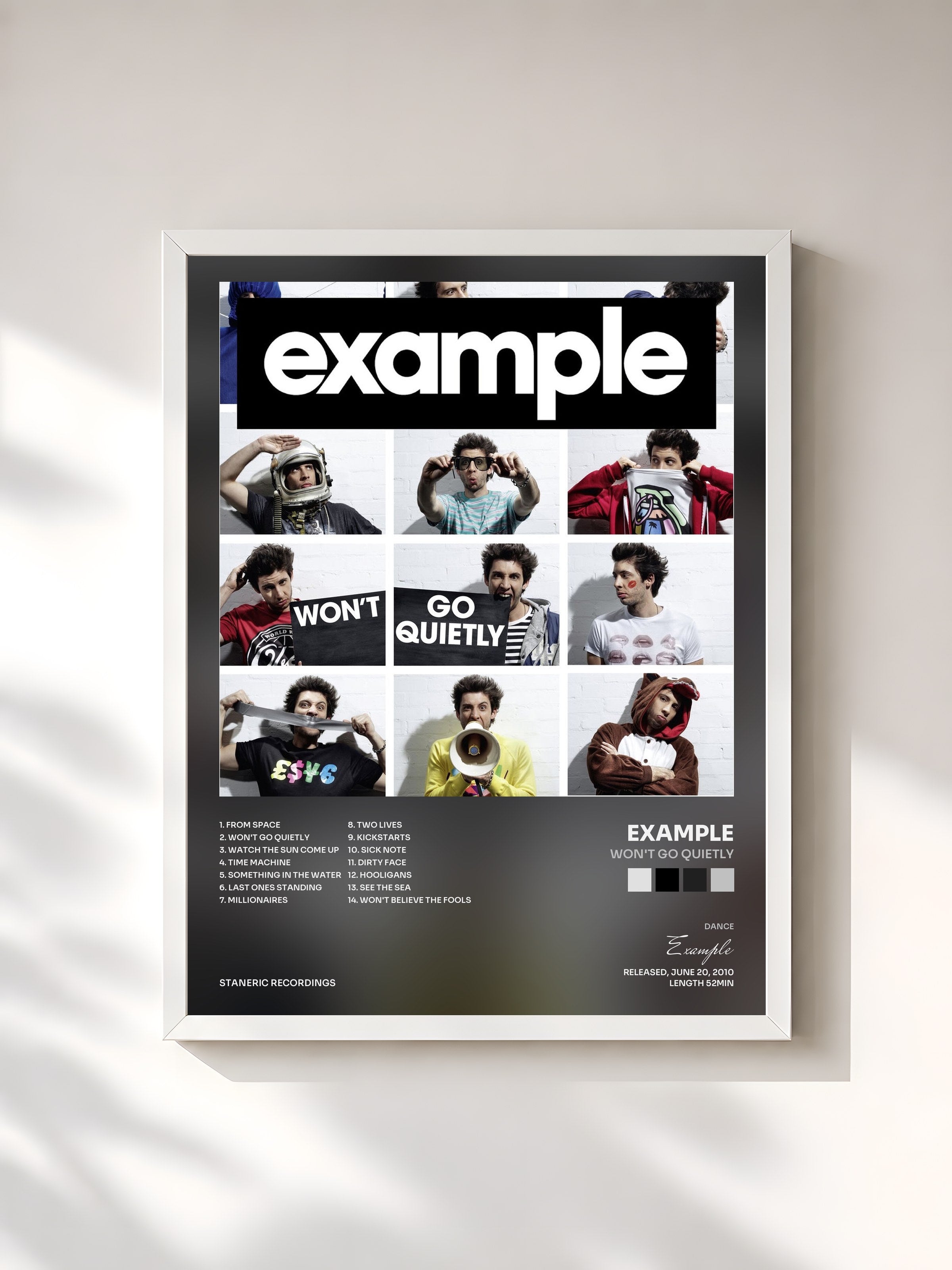 #blanc Tableau de l'album Won't Go Quietly de Example, cadre blanc, imprimé et encadré en France