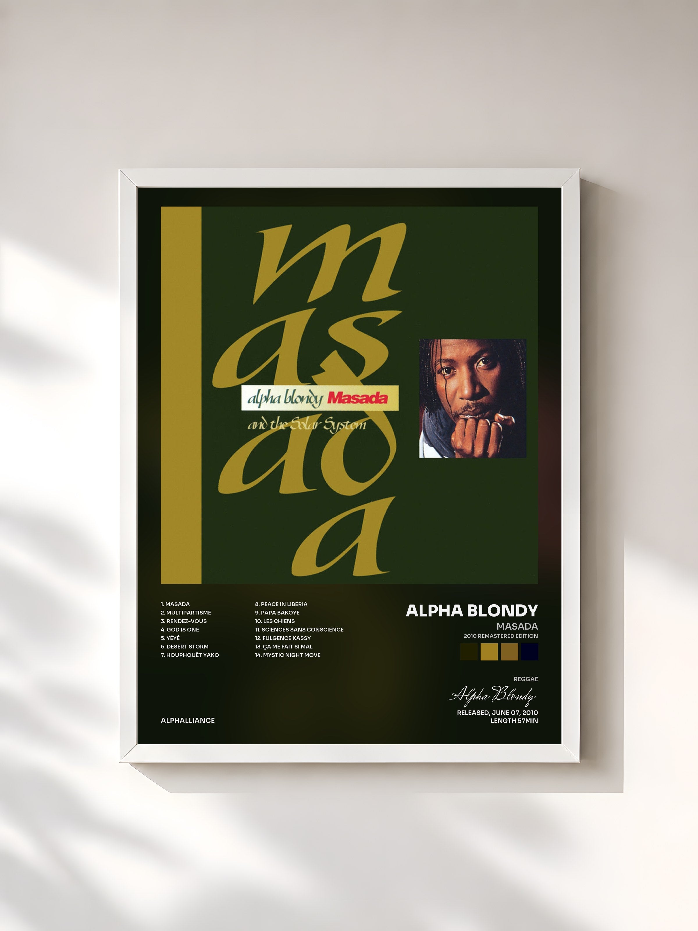 #blanc Tableau de l'album Masada (2010 Remastered Edition) de Alpha Blondy, cadre blanc, imprimé et encadré en France