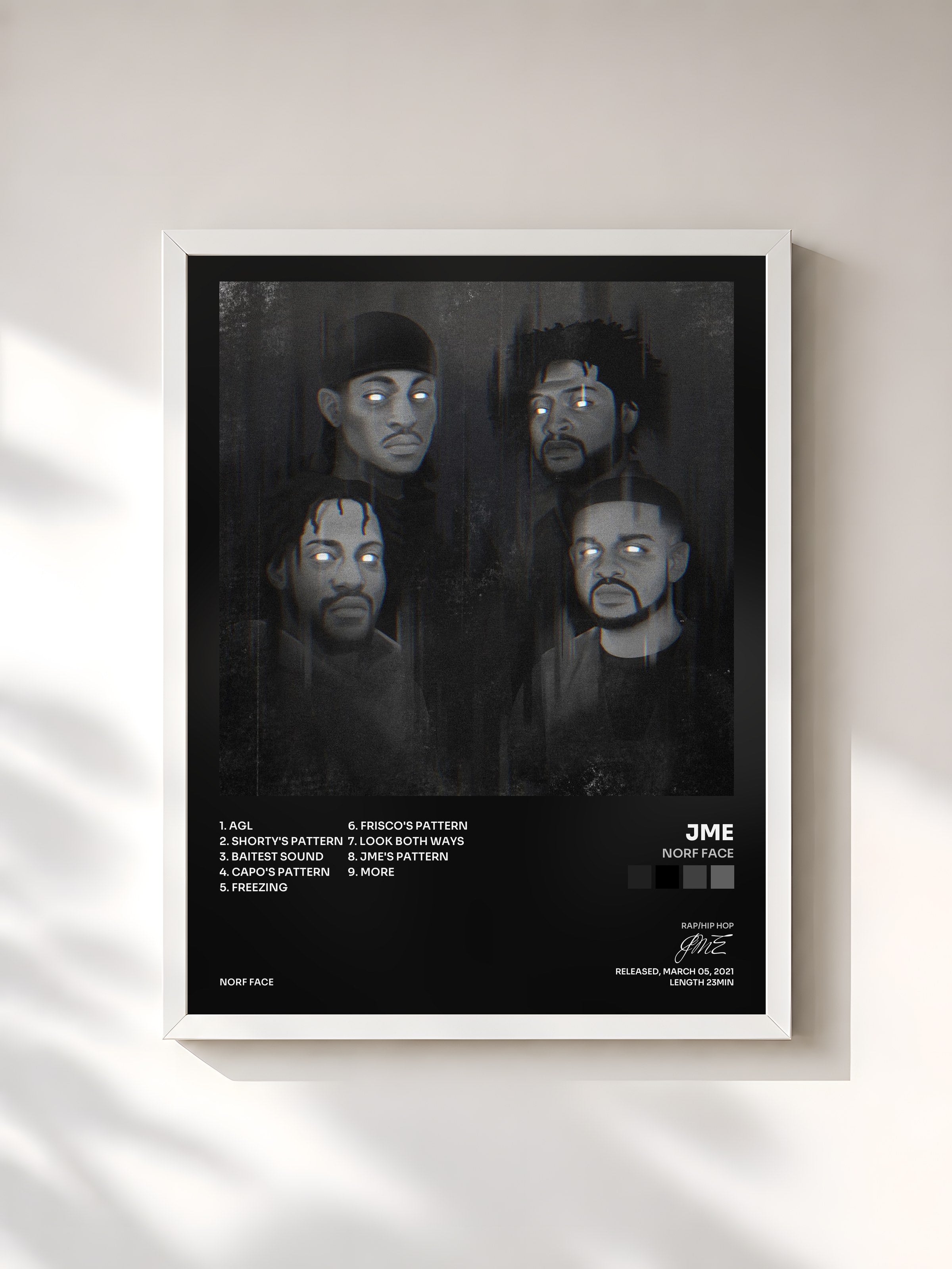 #blanc Tableau de l'album Norf Face de JME, cadre blanc, imprimé et encadré en France