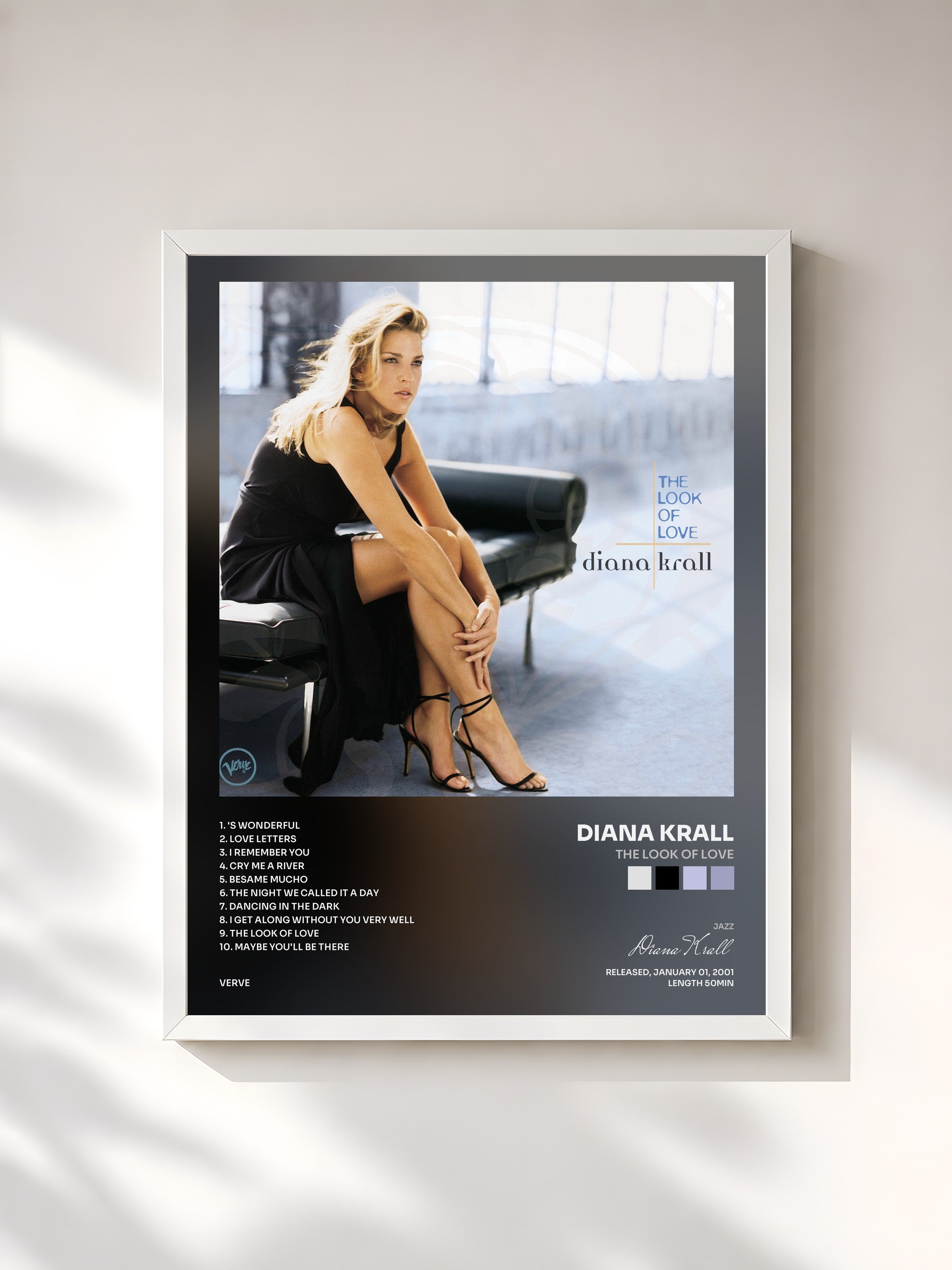 #blanc Tableau de l'album The Look Of Love de Diana Krall, cadre blanc, imprimé et encadré en France