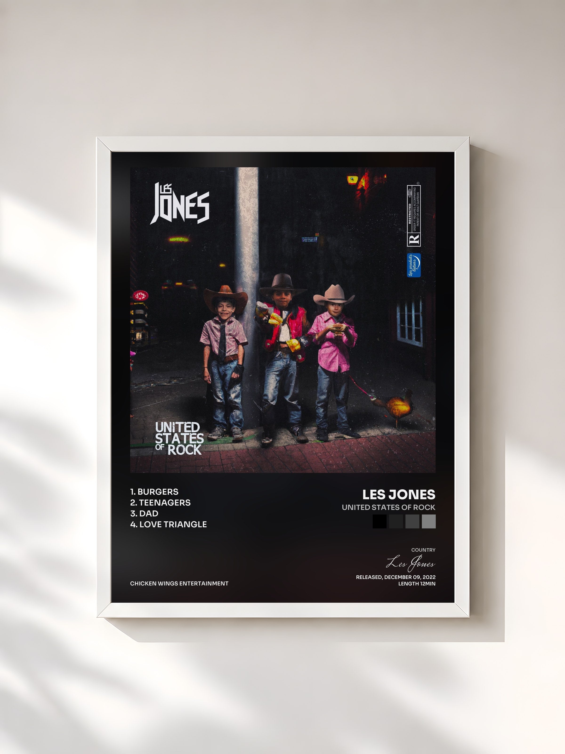 #blanc Tableau de l'album United States Of Rock de Les Jones, cadre blanc, imprimé et encadré en France