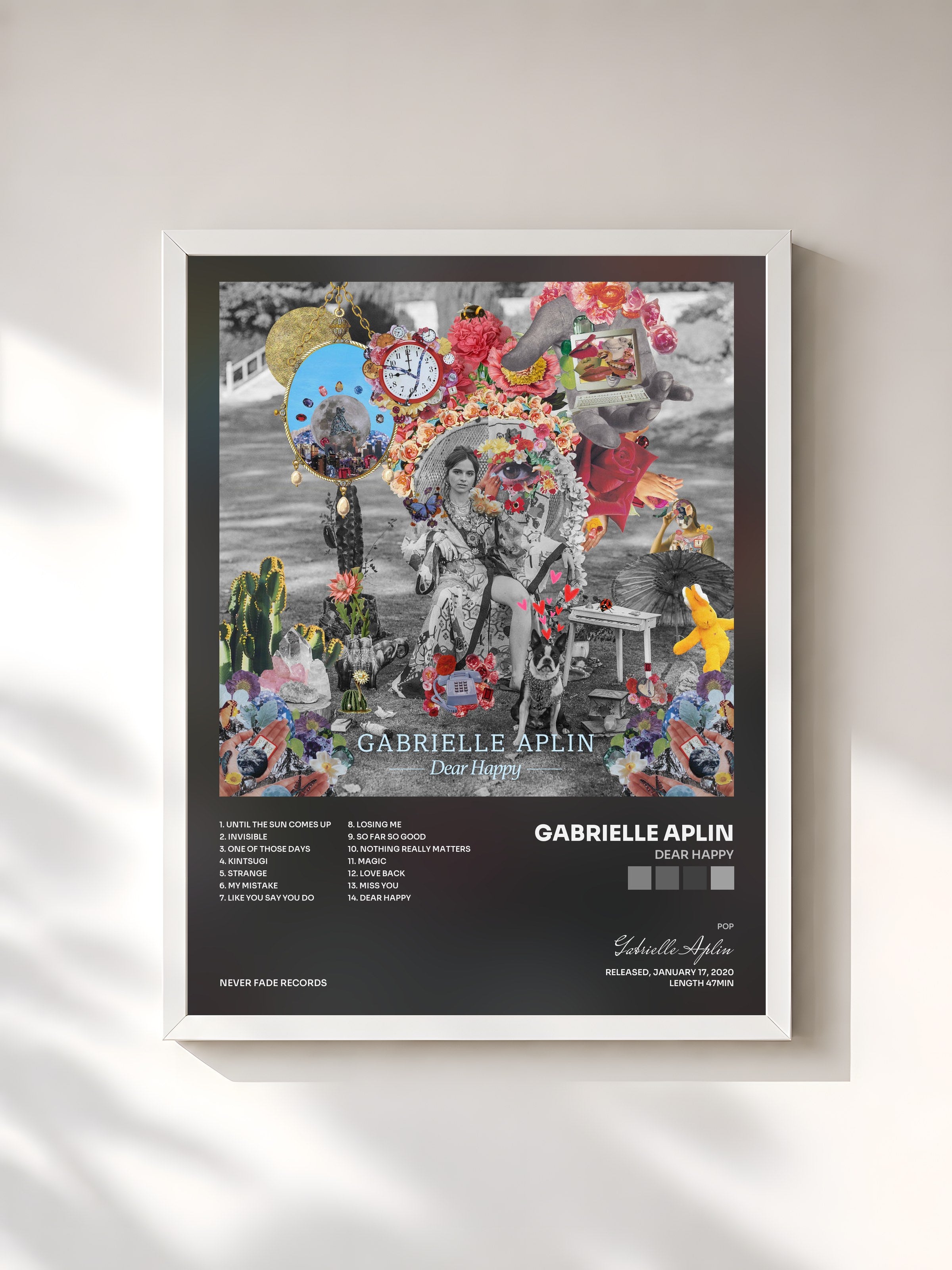 #blanc Tableau de l'album Dear Happy de Gabrielle Aplin, cadre blanc, imprimé et encadré en France