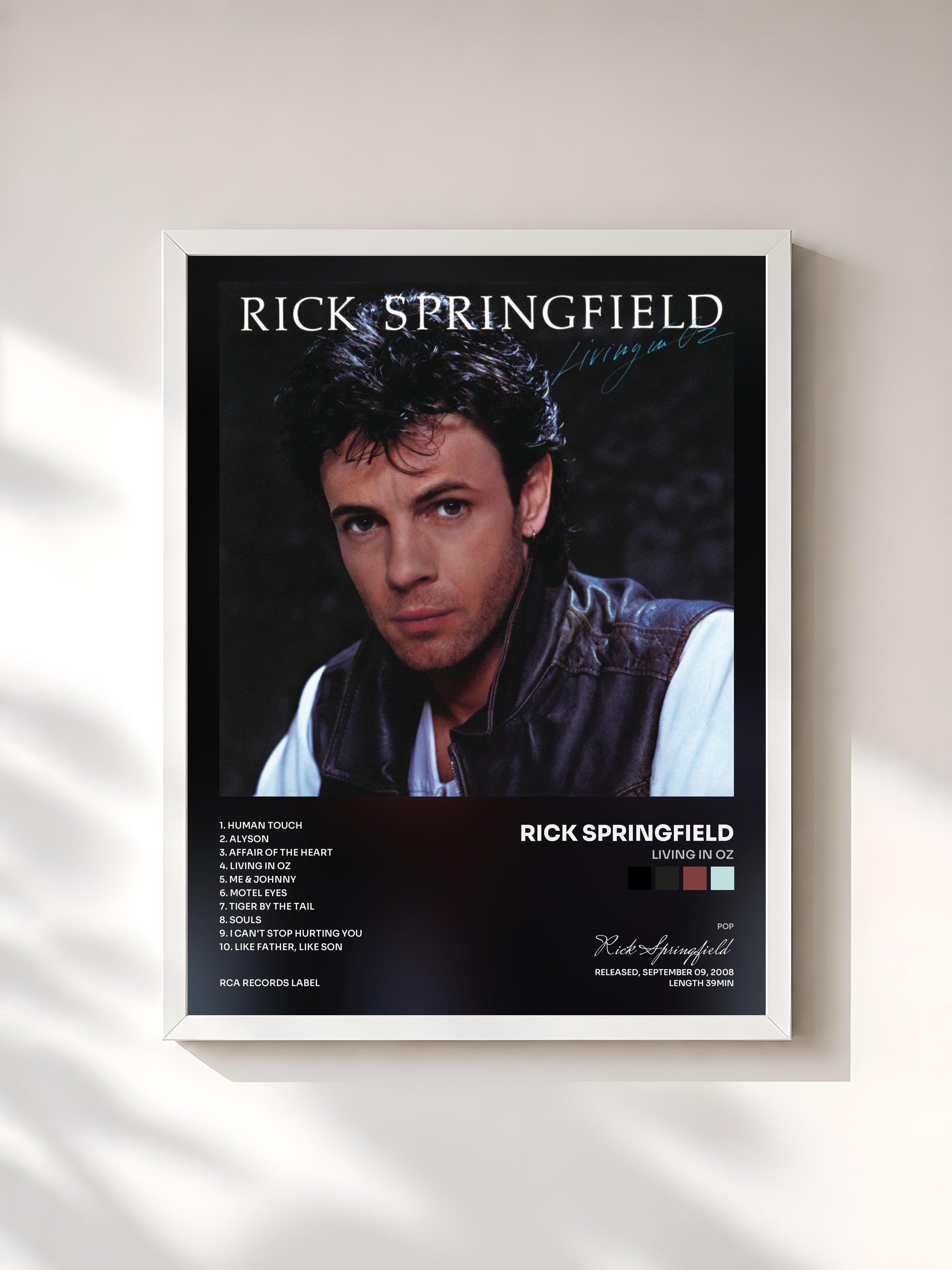 #blanc Tableau de l'album Living In Oz de Rick Springfield, cadre blanc, imprimé et encadré en France