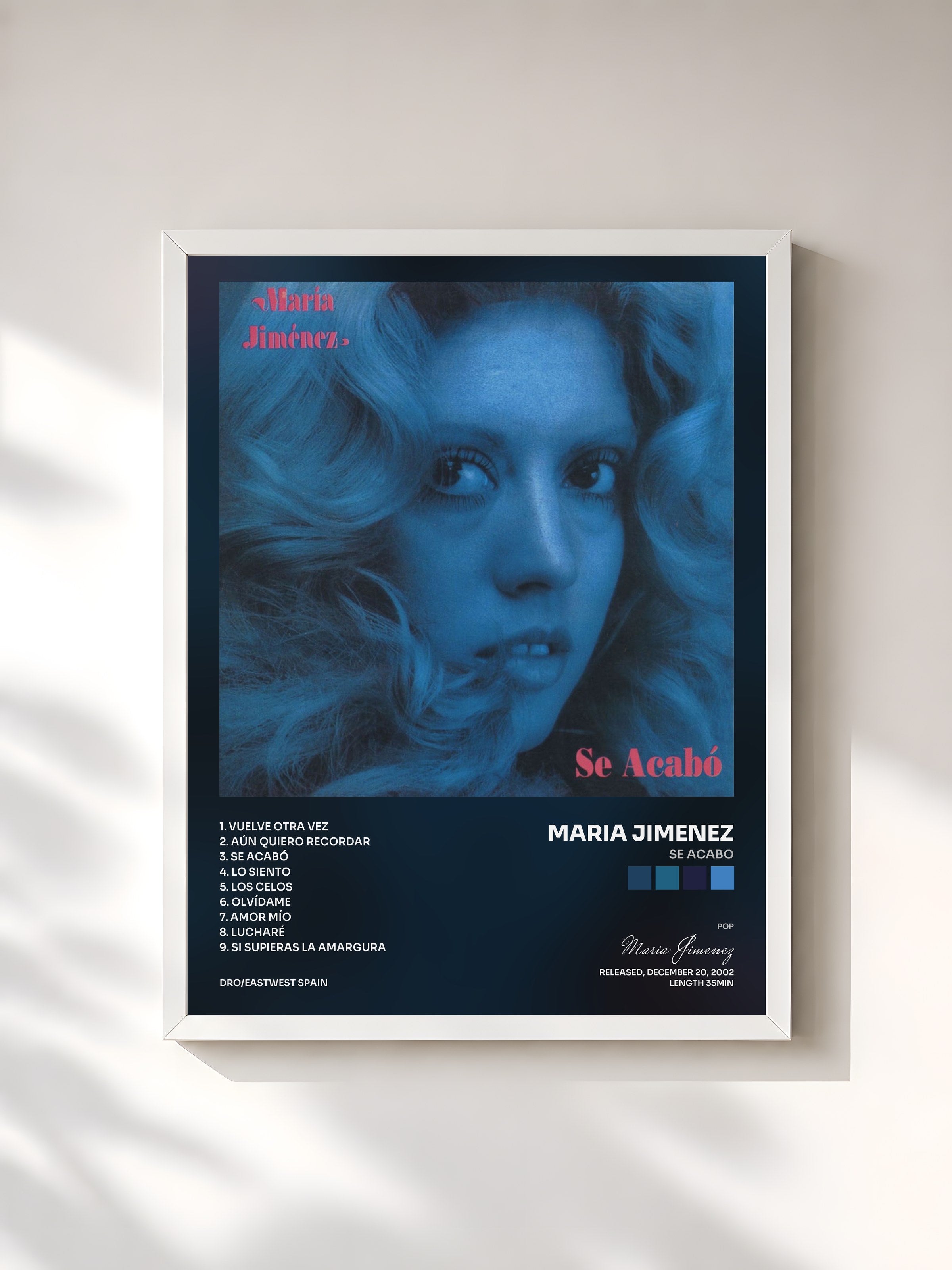 #blanc Tableau de l'album Se acabo de Maria Jimenez, cadre blanc, imprimé et encadré en France