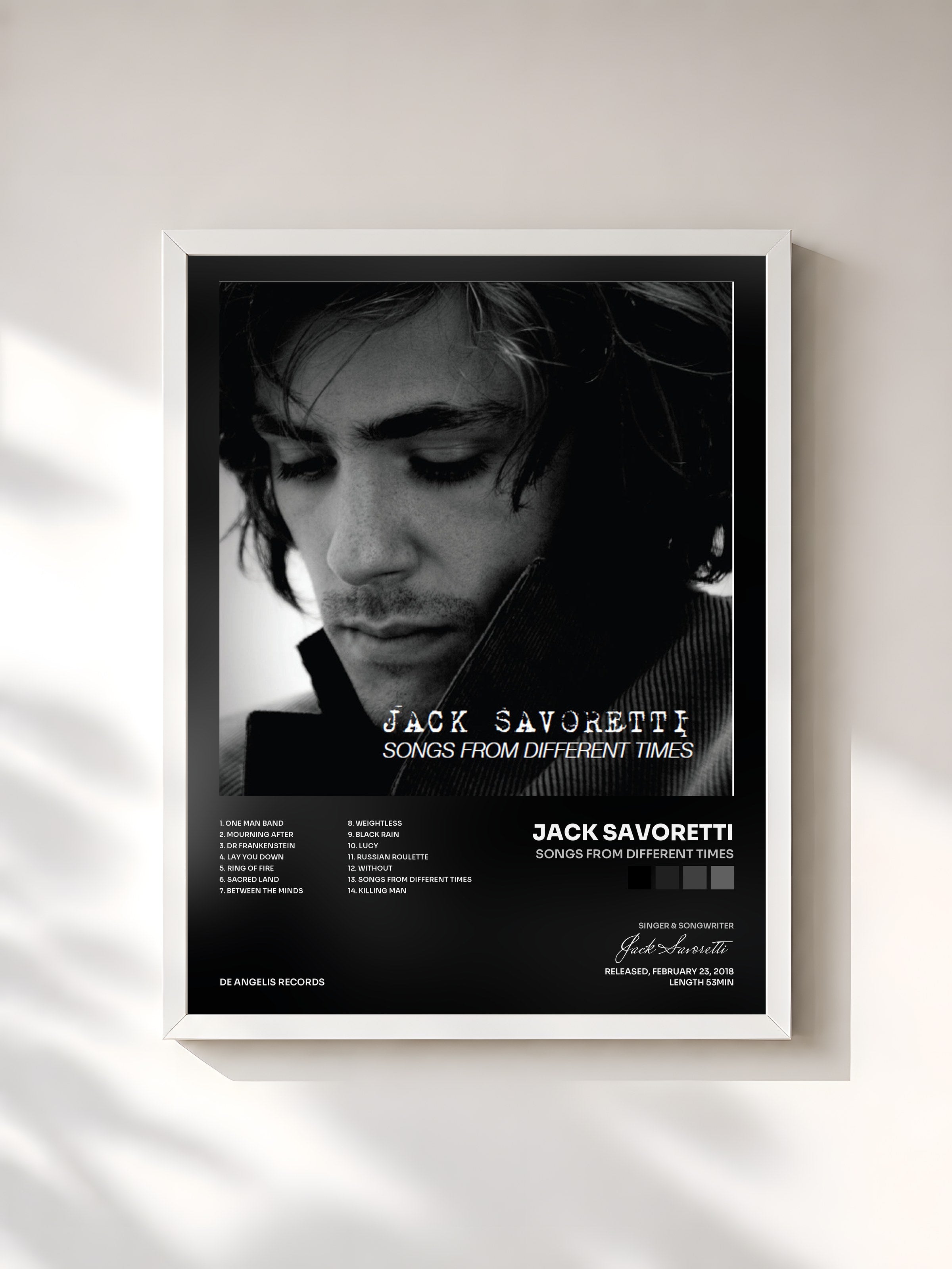 #blanc Tableau de l'album Songs From Different Times de Jack Savoretti, cadre blanc, imprimé et encadré en France