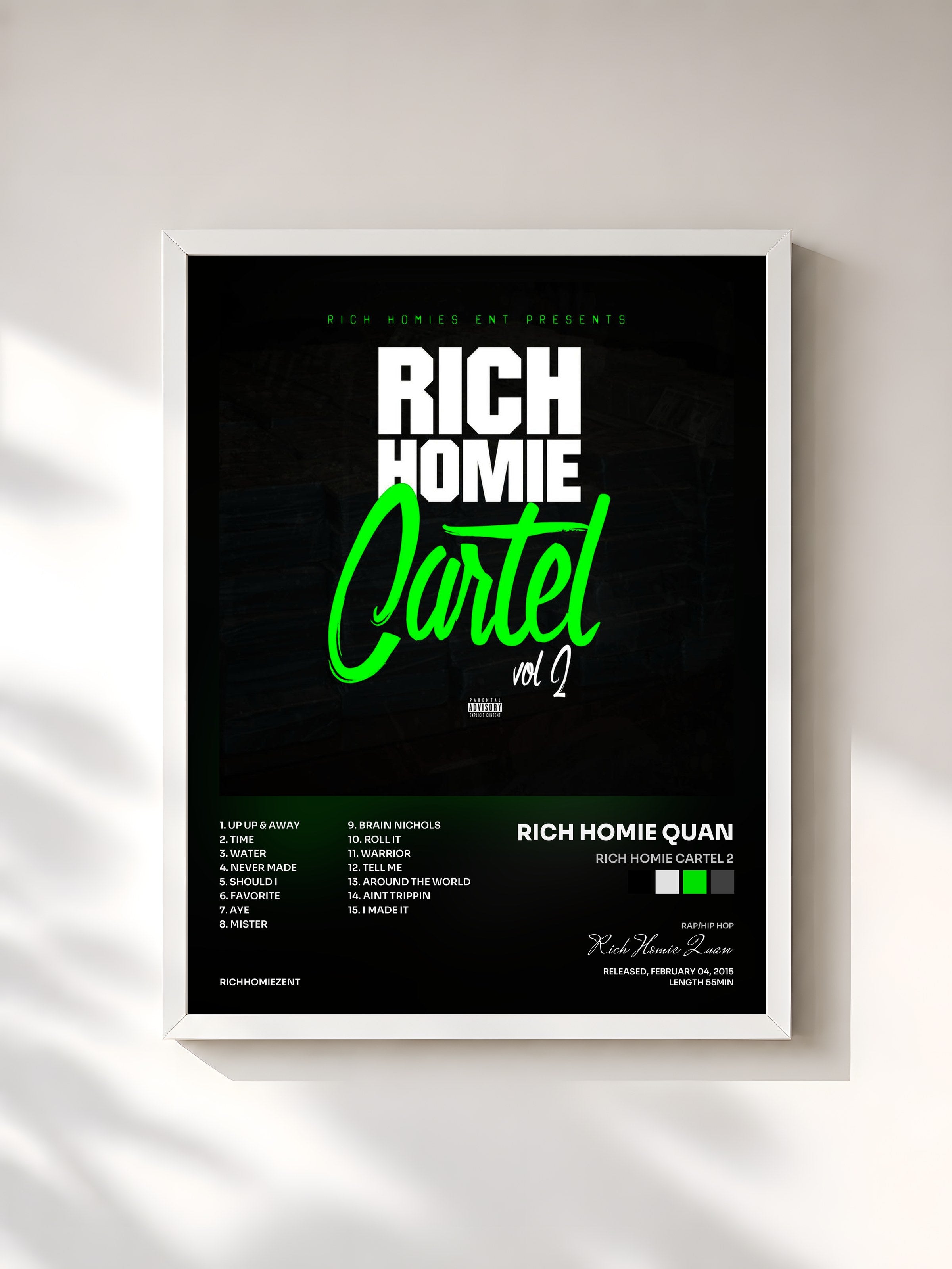 #blanc Tableau de l'album Rich Homie Cartel 2 de Rich Homie Quan, cadre blanc, imprimé et encadré en France