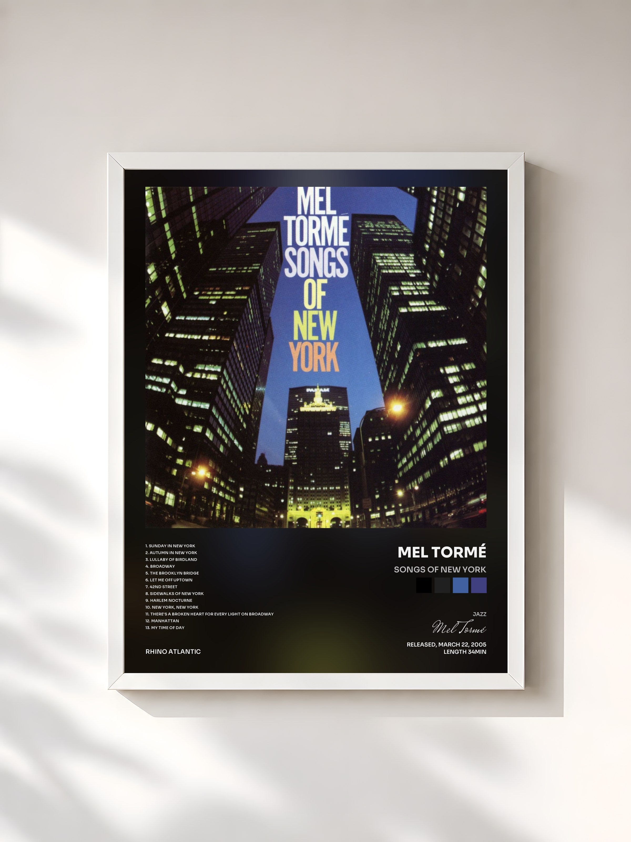 #blanc Tableau de l'album Songs Of New York de Mel Tormé, cadre blanc, imprimé et encadré en France