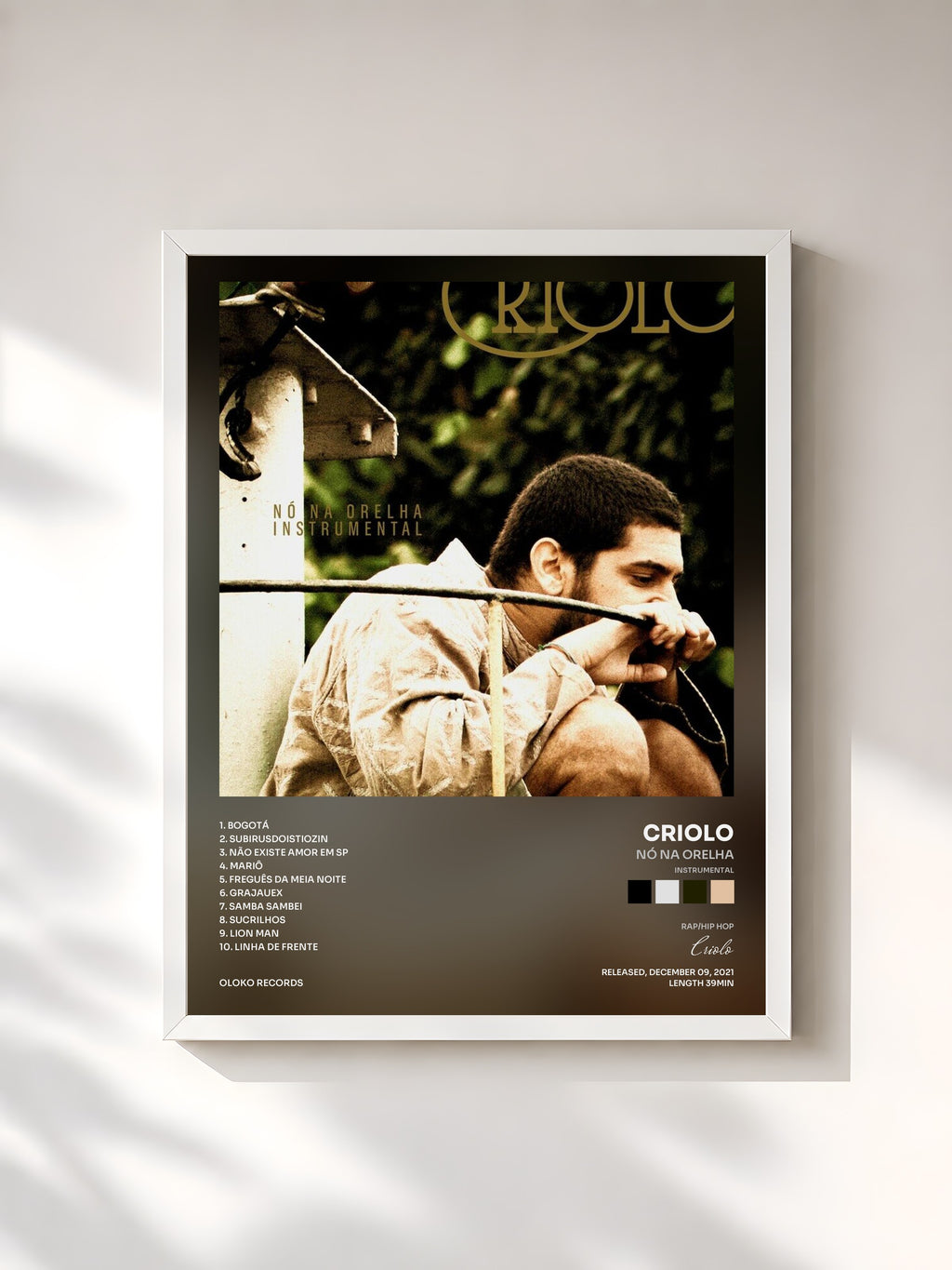 #blanc Tableau de l'album Nó na Orelha (Instrumental) de Criolo, cadre blanc, imprimé et encadré en France
