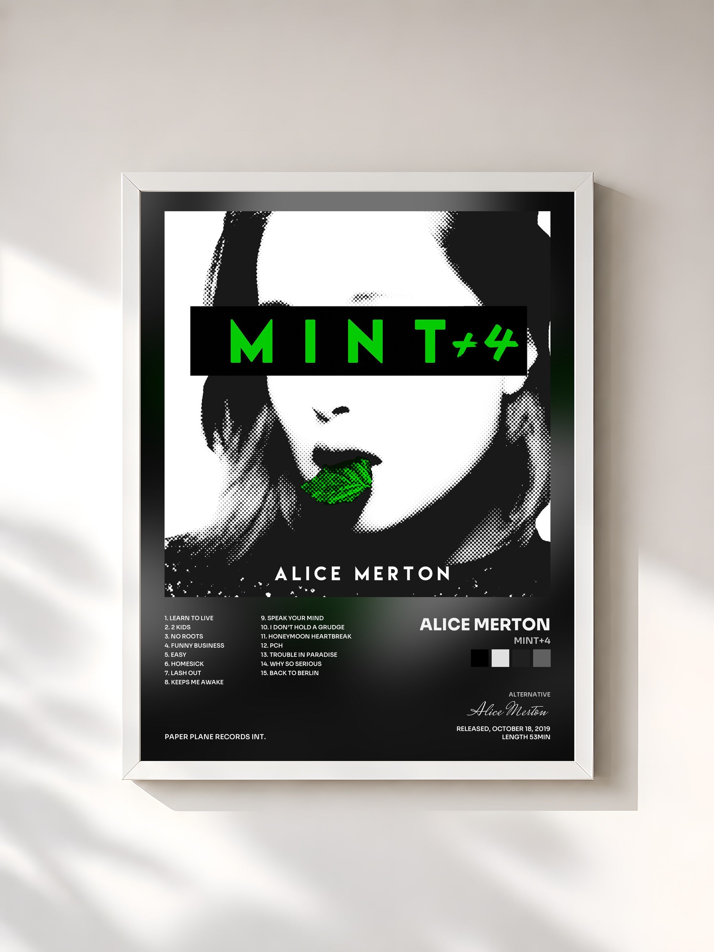 #blanc Tableau de l'album MINT+4 de Alice Merton, cadre blanc, imprimé et encadré en France