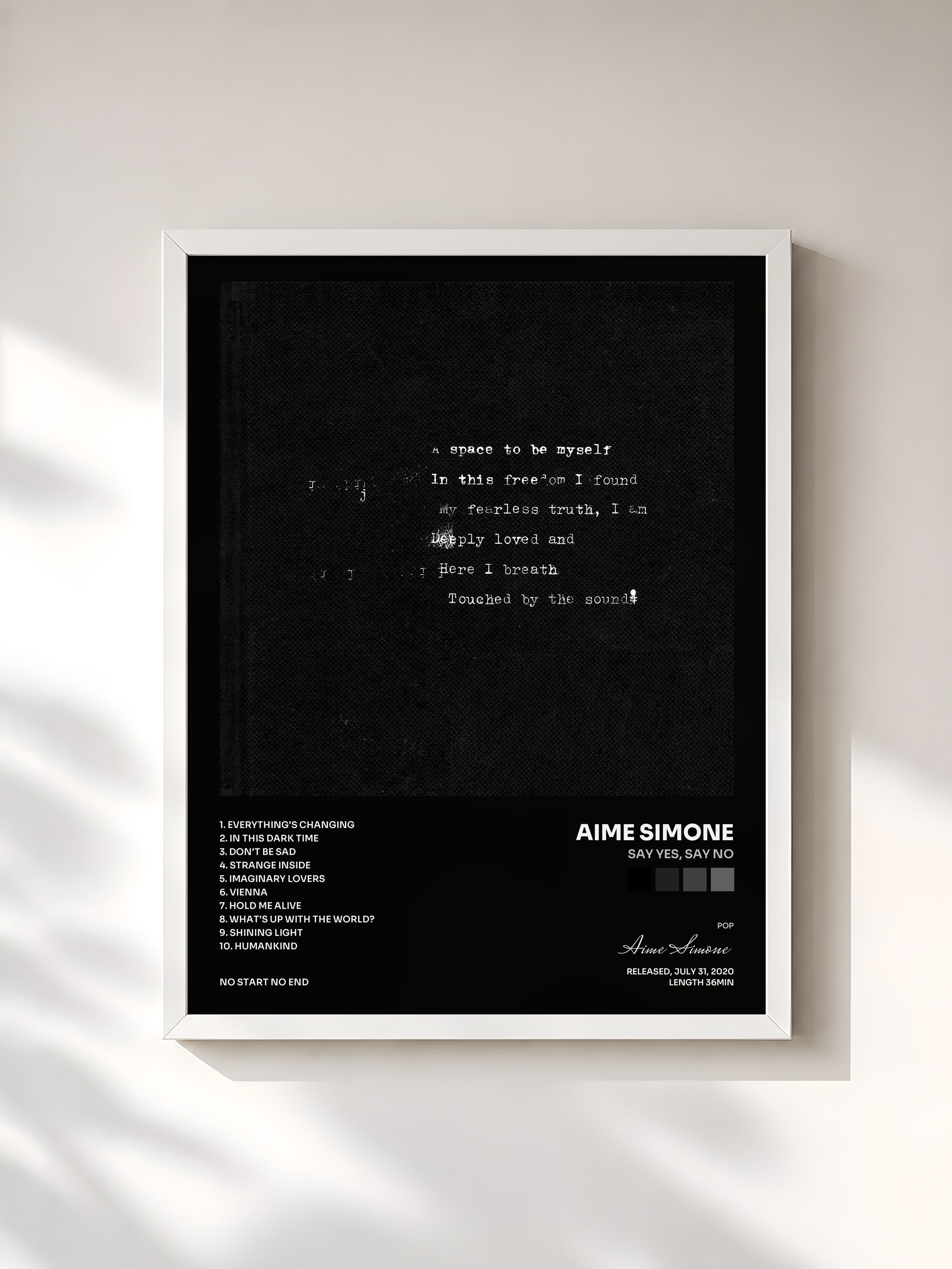 #blanc Tableau de l'album Say Yes, Say No de Aime Simone, cadre blanc, imprimé et encadré en France