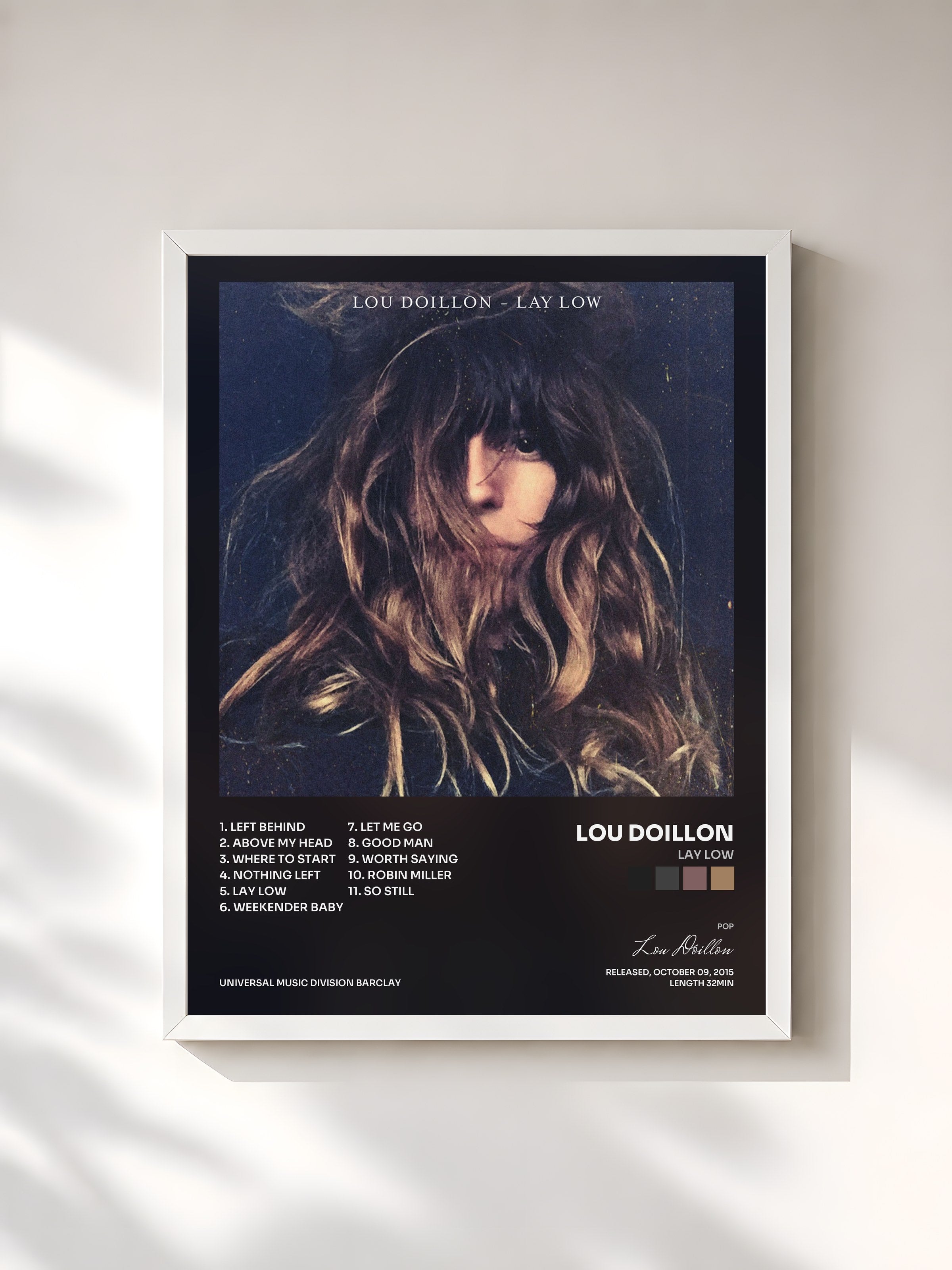 #blanc Tableau de l'album Lay Low de Lou Doillon, cadre blanc, imprimé et encadré en France