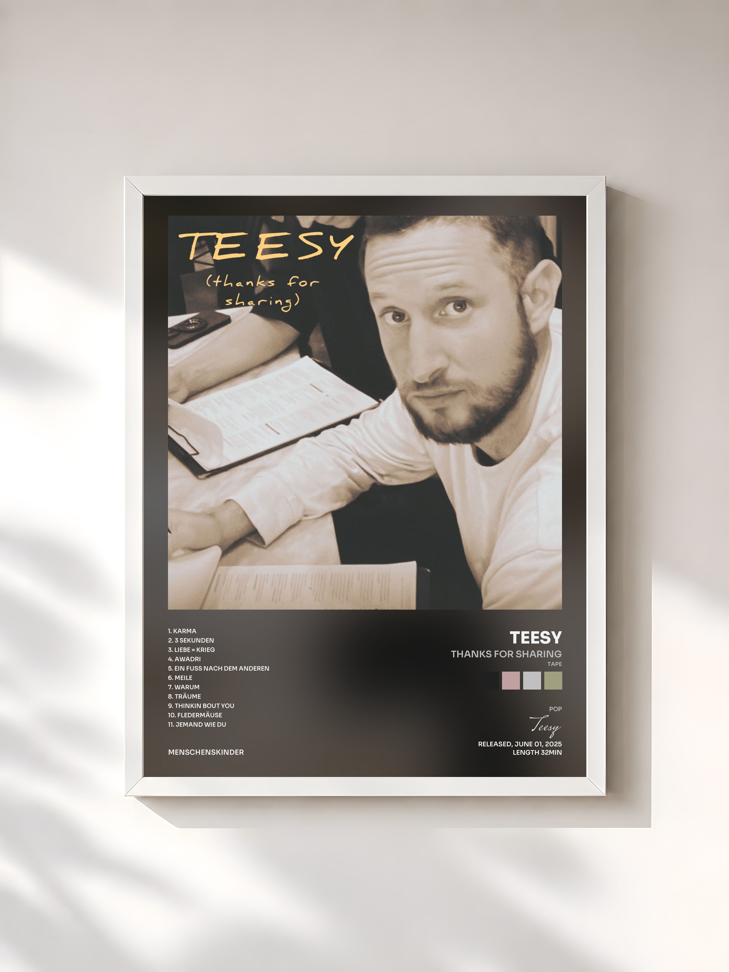 #blanc Tableau de l'album Thanks for Sharing (Tape) de Teesy, cadre blanc, imprimé et encadré en France