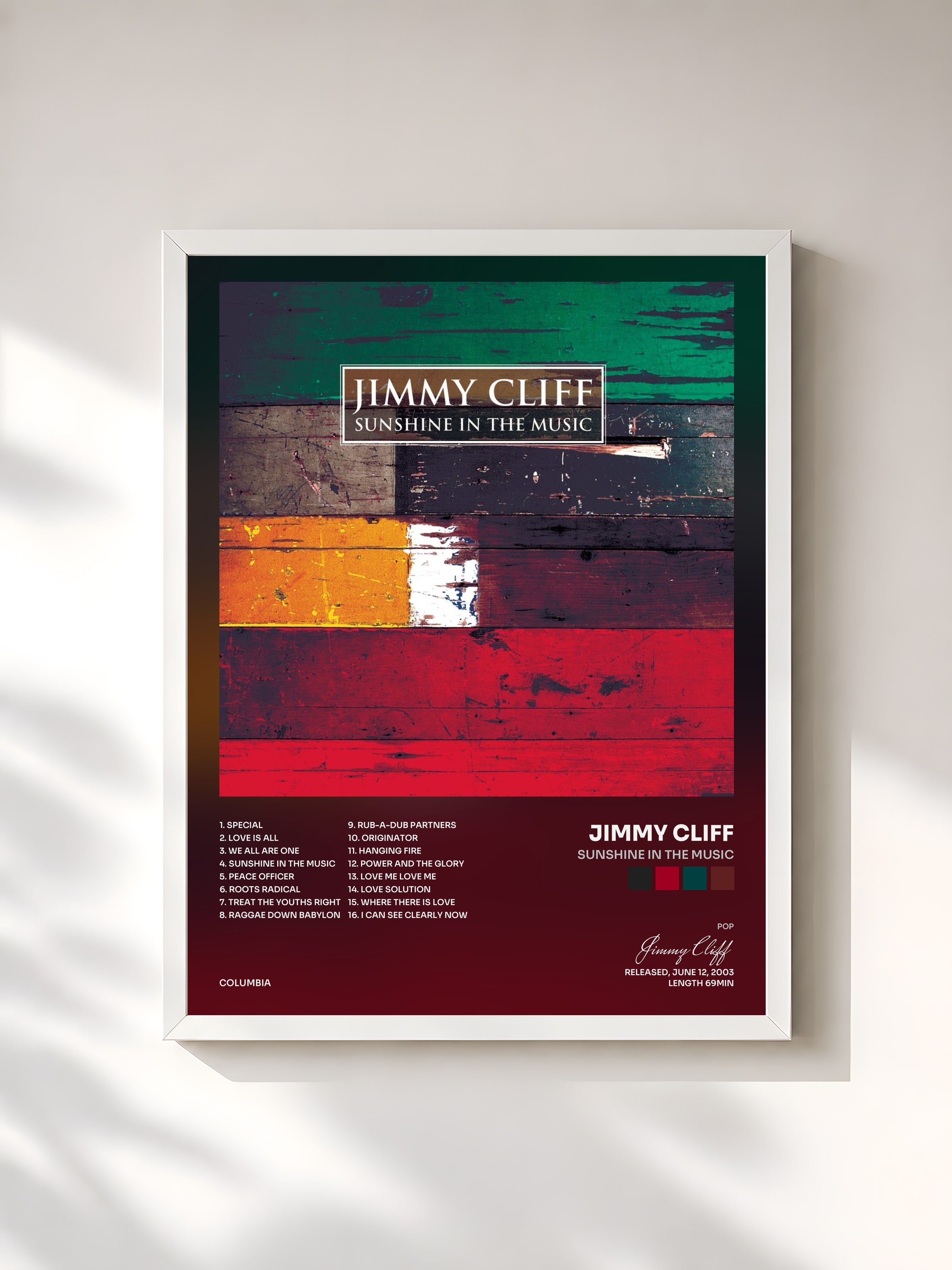#blanc Tableau de l'album Sunshine In The Music de Jimmy Cliff, cadre blanc, imprimé et encadré en France